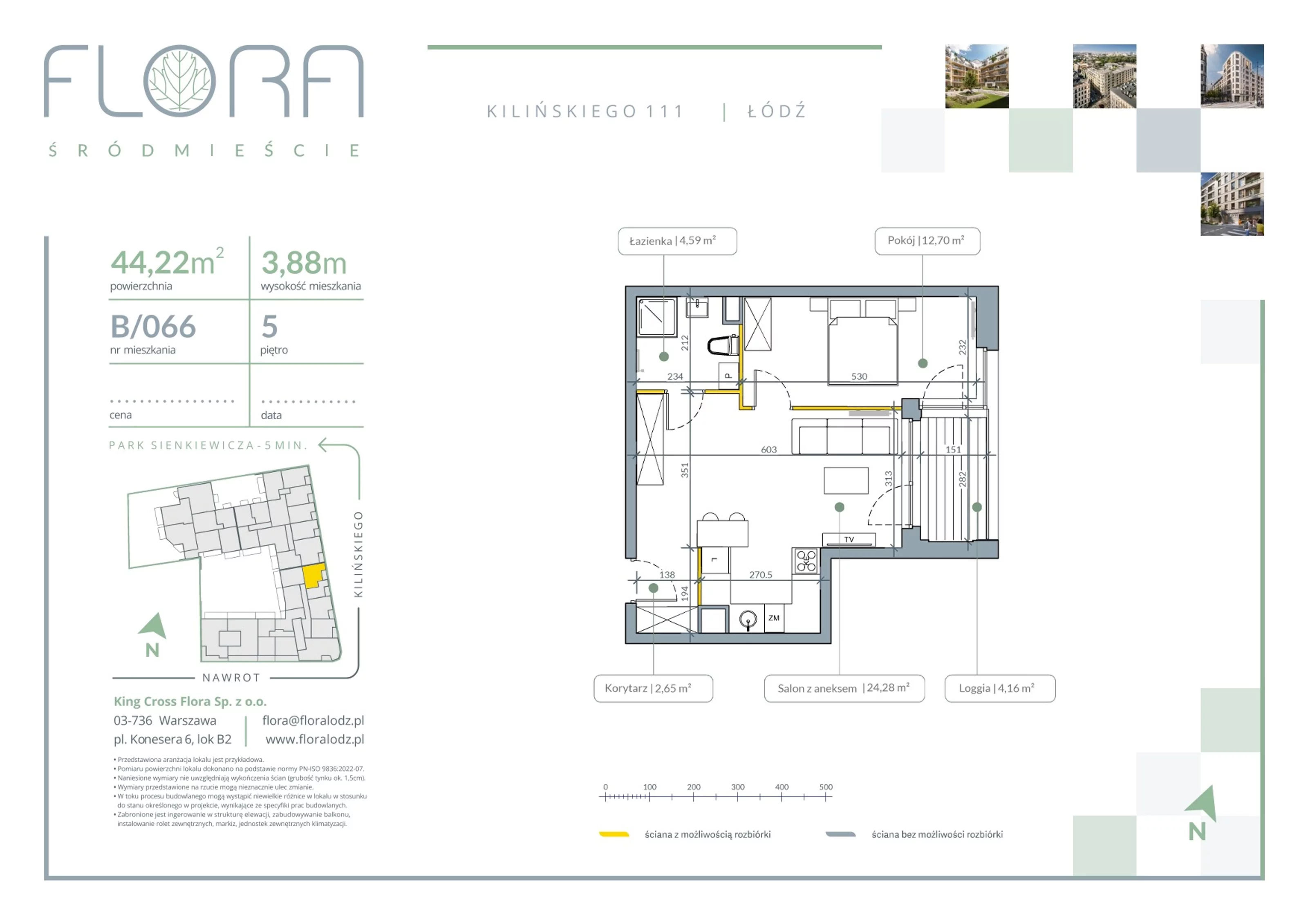2 pokoje, apartament 44,22 m², piętro 5, oferta nr 66, Flora Śródmieście, Łódź, Śródmieście, ul. płk. Jana Kilińskiego 111