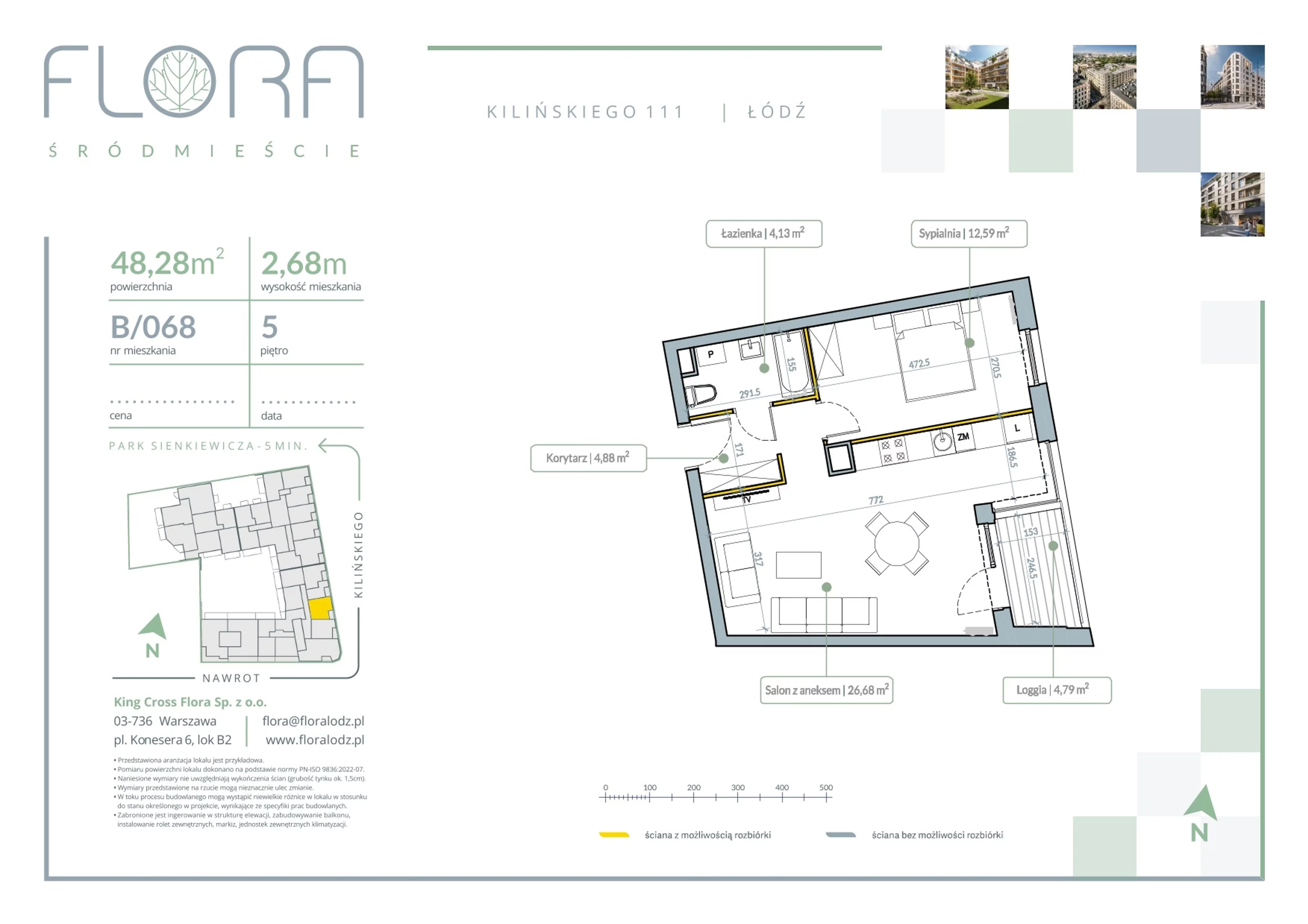 2 pokoje, apartament 48,28 m², piętro 5, oferta nr 68, Flora Śródmieście, Łódź, Śródmieście, ul. płk. Jana Kilińskiego 111