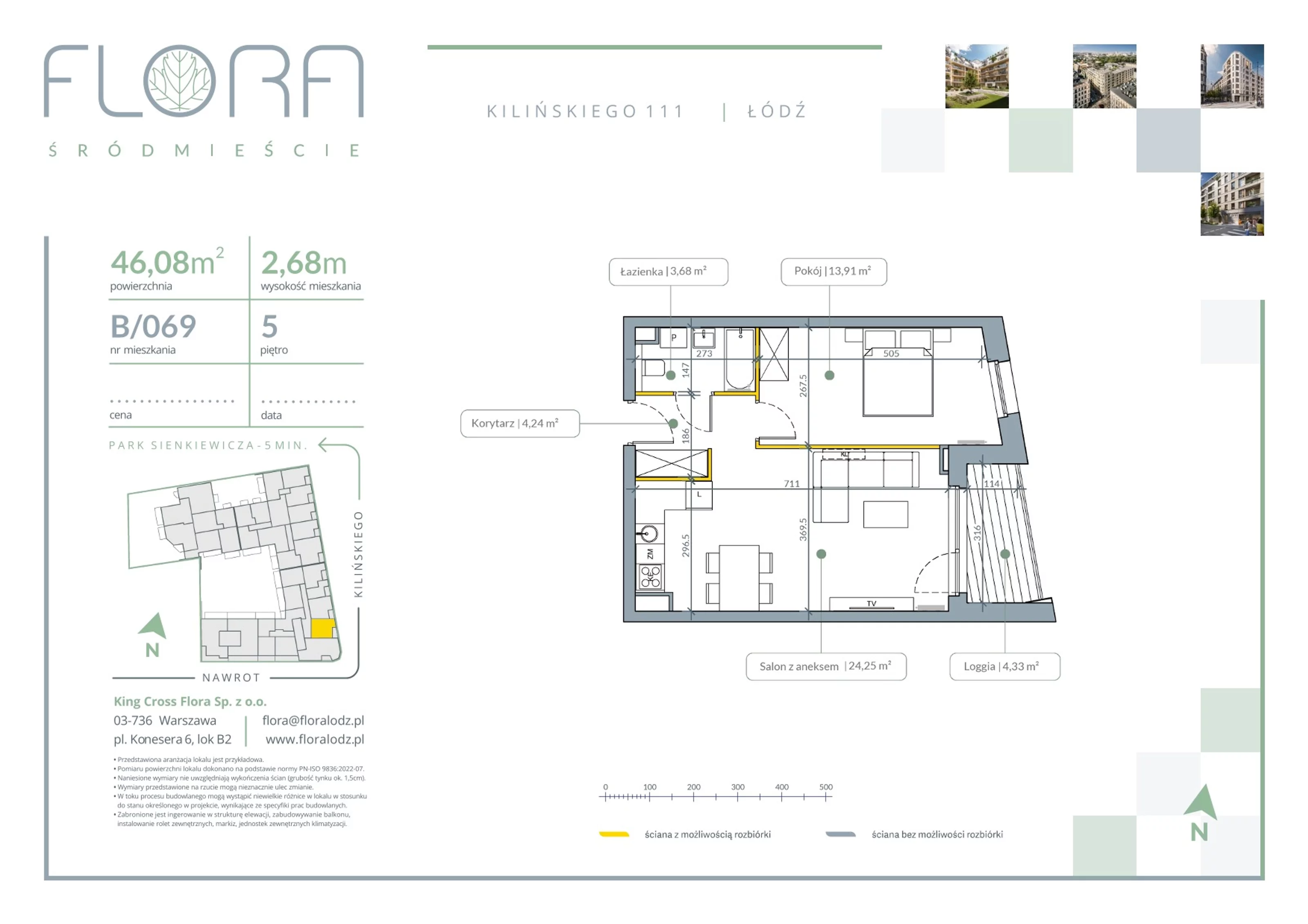 2 pokoje, apartament 46,08 m², piętro 5, oferta nr 69, Flora Śródmieście, Łódź, Śródmieście, ul. płk. Jana Kilińskiego 111