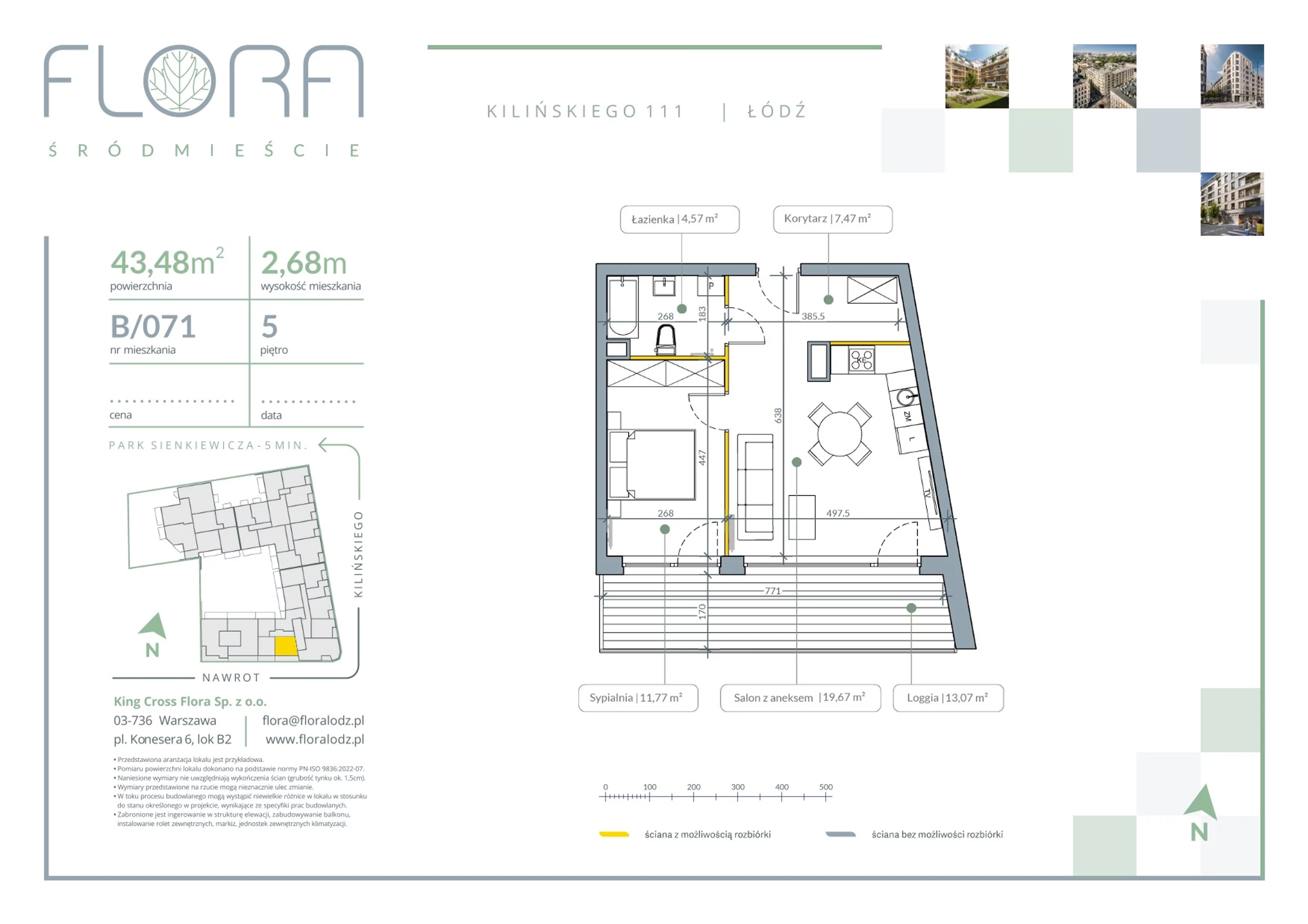 2 pokoje, apartament 43,48 m², piętro 5, oferta nr 71, Flora Śródmieście, Łódź, Śródmieście, ul. płk. Jana Kilińskiego 111