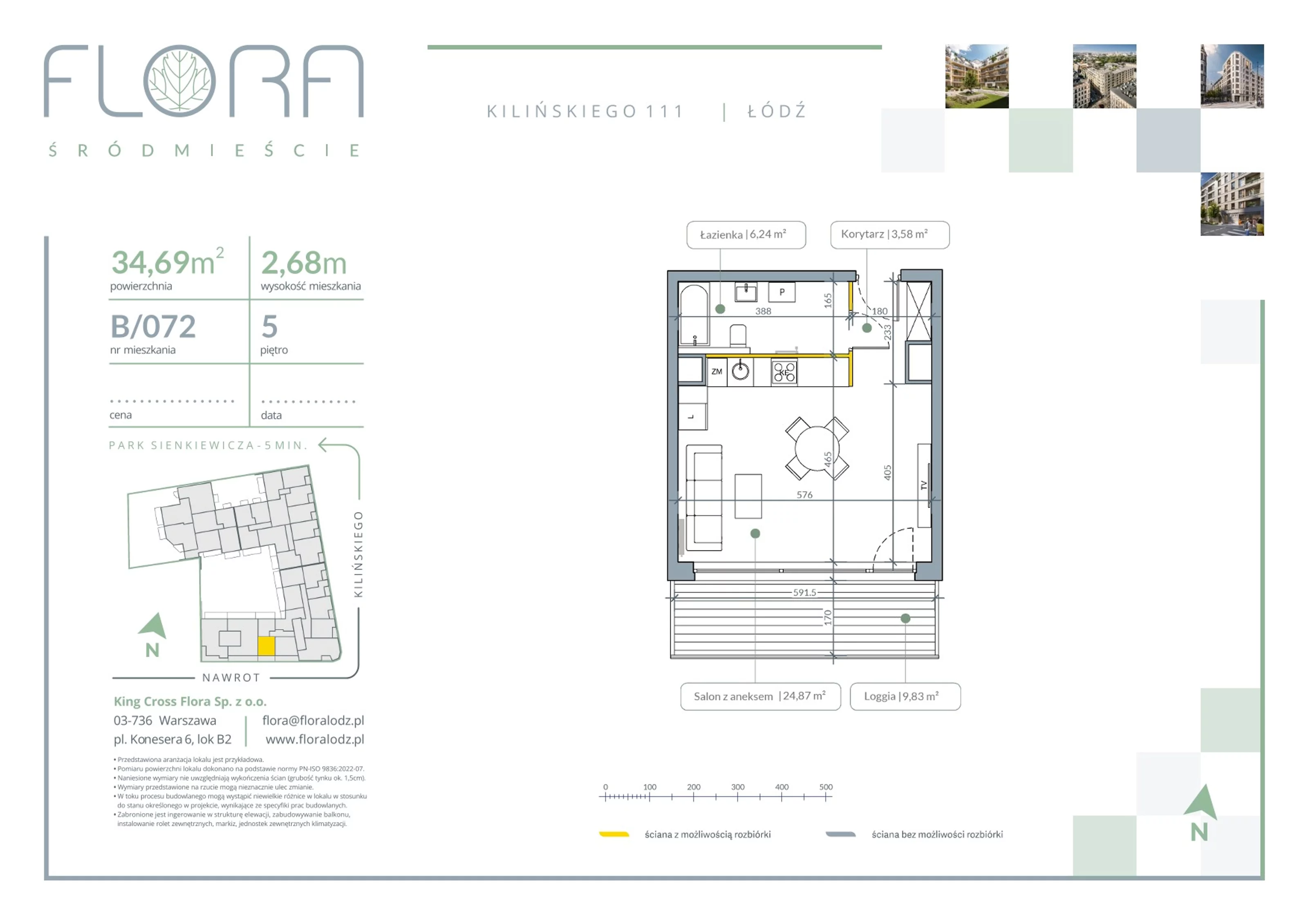1 pokój, apartament 34,69 m², piętro 5, oferta nr 72, Flora Śródmieście, Łódź, Śródmieście, ul. płk. Jana Kilińskiego 111