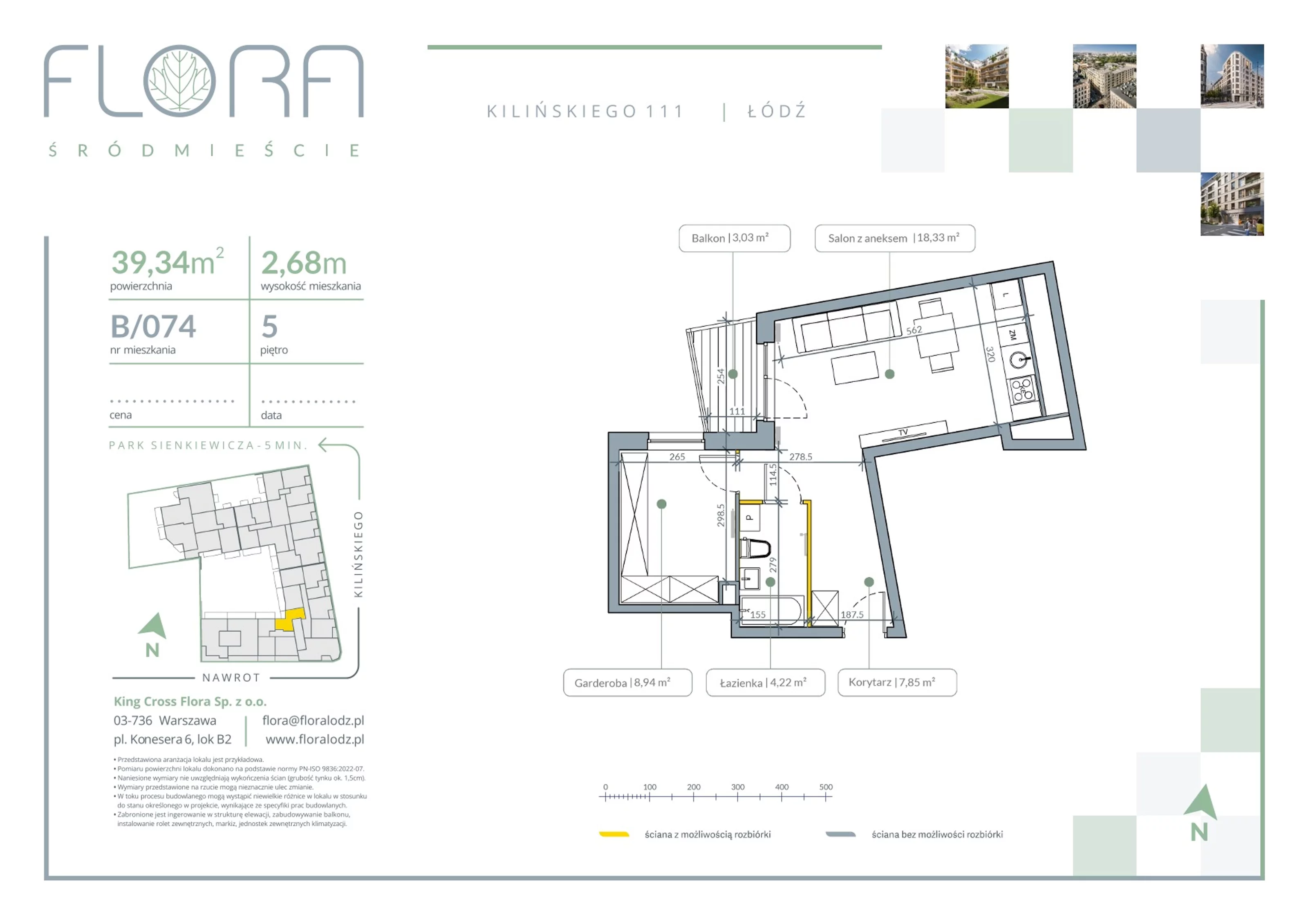 2 pokoje, apartament 39,34 m², piętro 5, oferta nr 74, Flora Śródmieście, Łódź, Śródmieście, ul. płk. Jana Kilińskiego 111