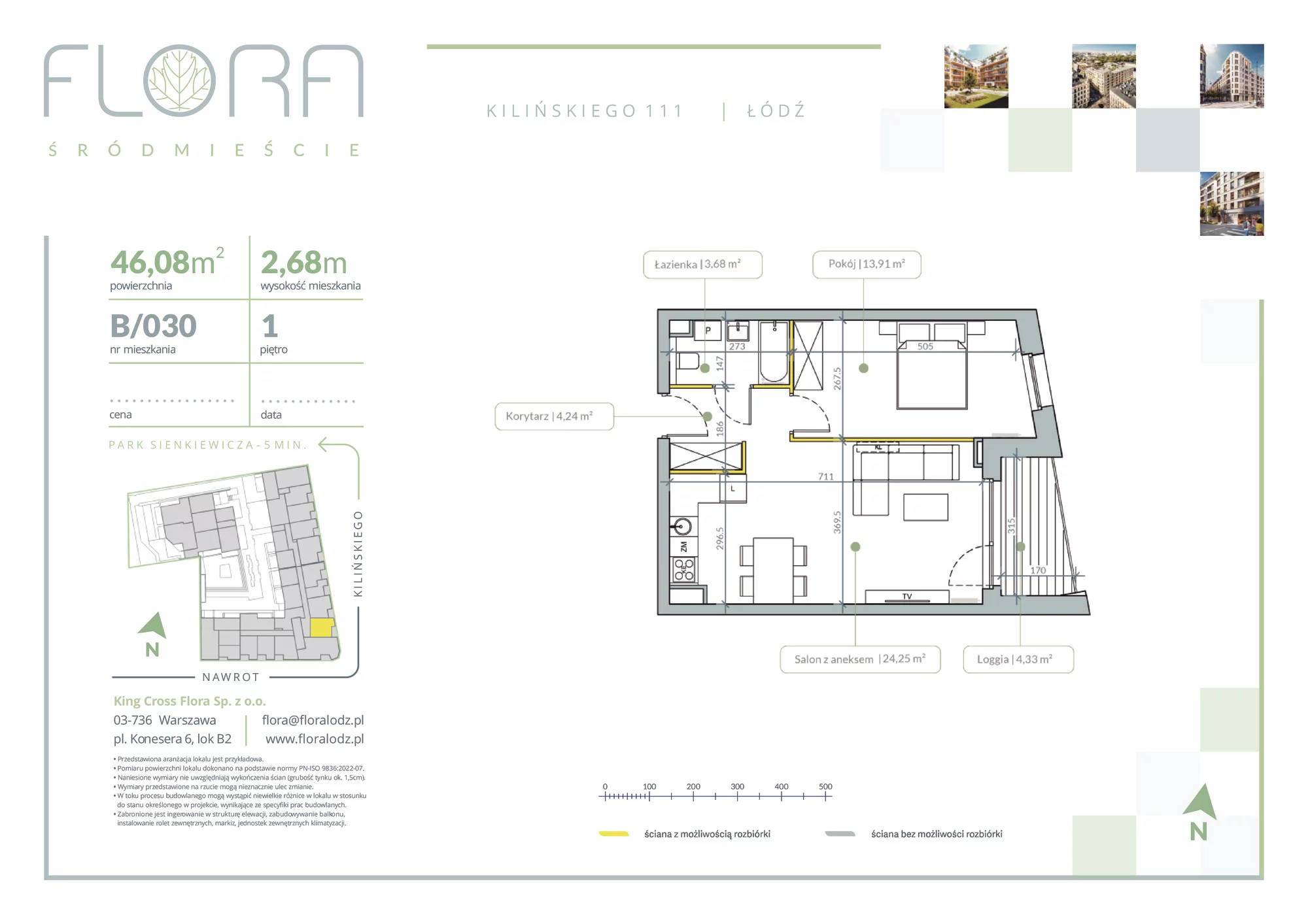 2 pokoje, apartament 46,08 m², piętro 1, oferta nr 30, Flora Śródmieście, Łódź, Śródmieście, ul. płk. Jana Kilińskiego 111