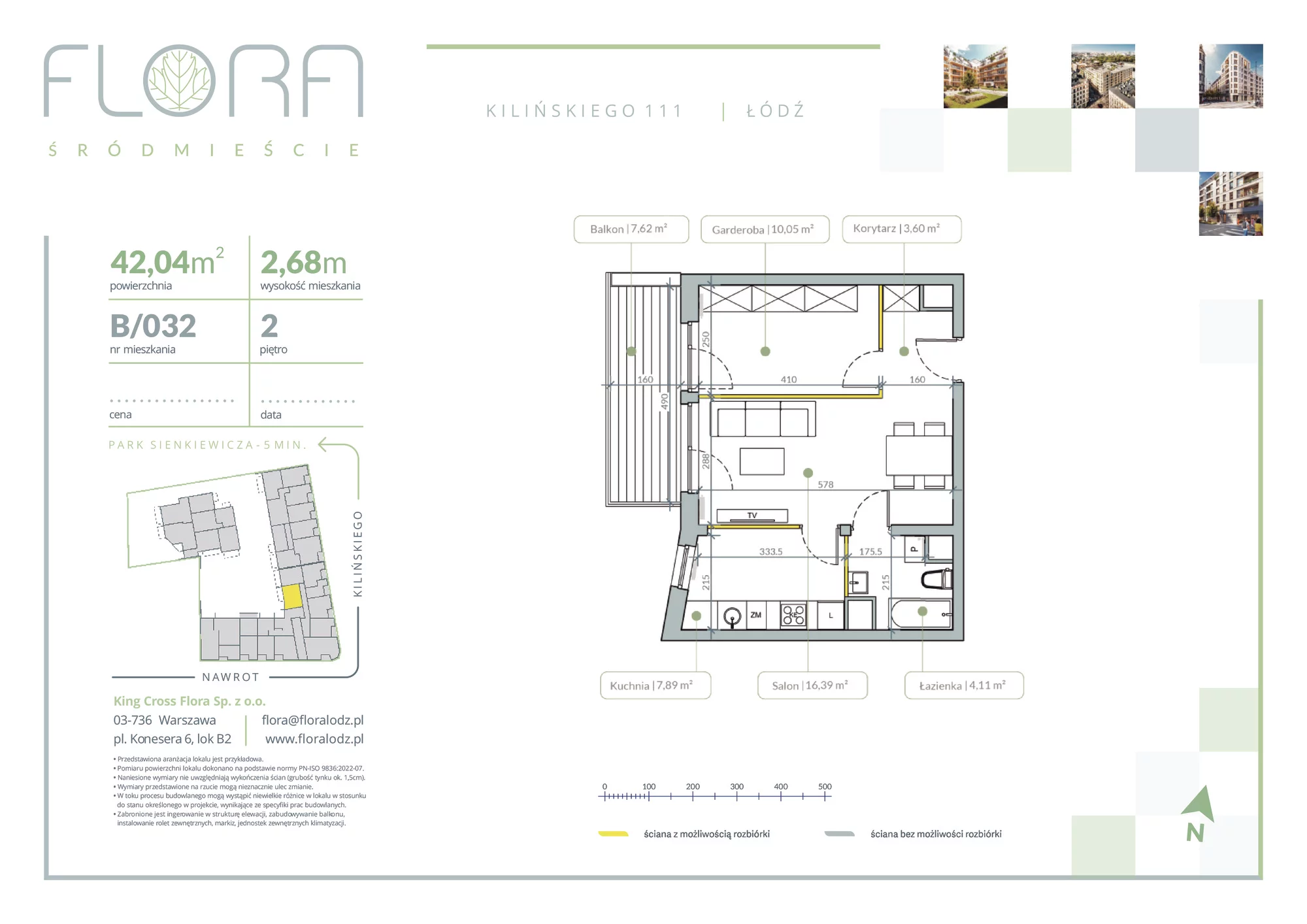 2 pokoje, apartament 42,04 m², piętro 2, oferta nr 32, Flora Śródmieście, Łódź, Śródmieście, ul. płk. Jana Kilińskiego 111