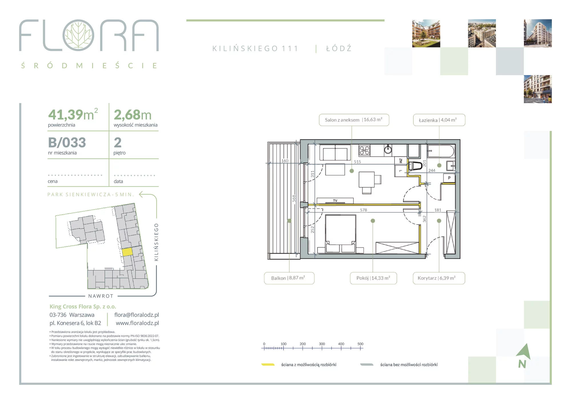 2 pokoje, apartament 41,39 m², piętro 2, oferta nr 33, Flora Śródmieście, Łódź, Śródmieście, ul. płk. Jana Kilińskiego 111