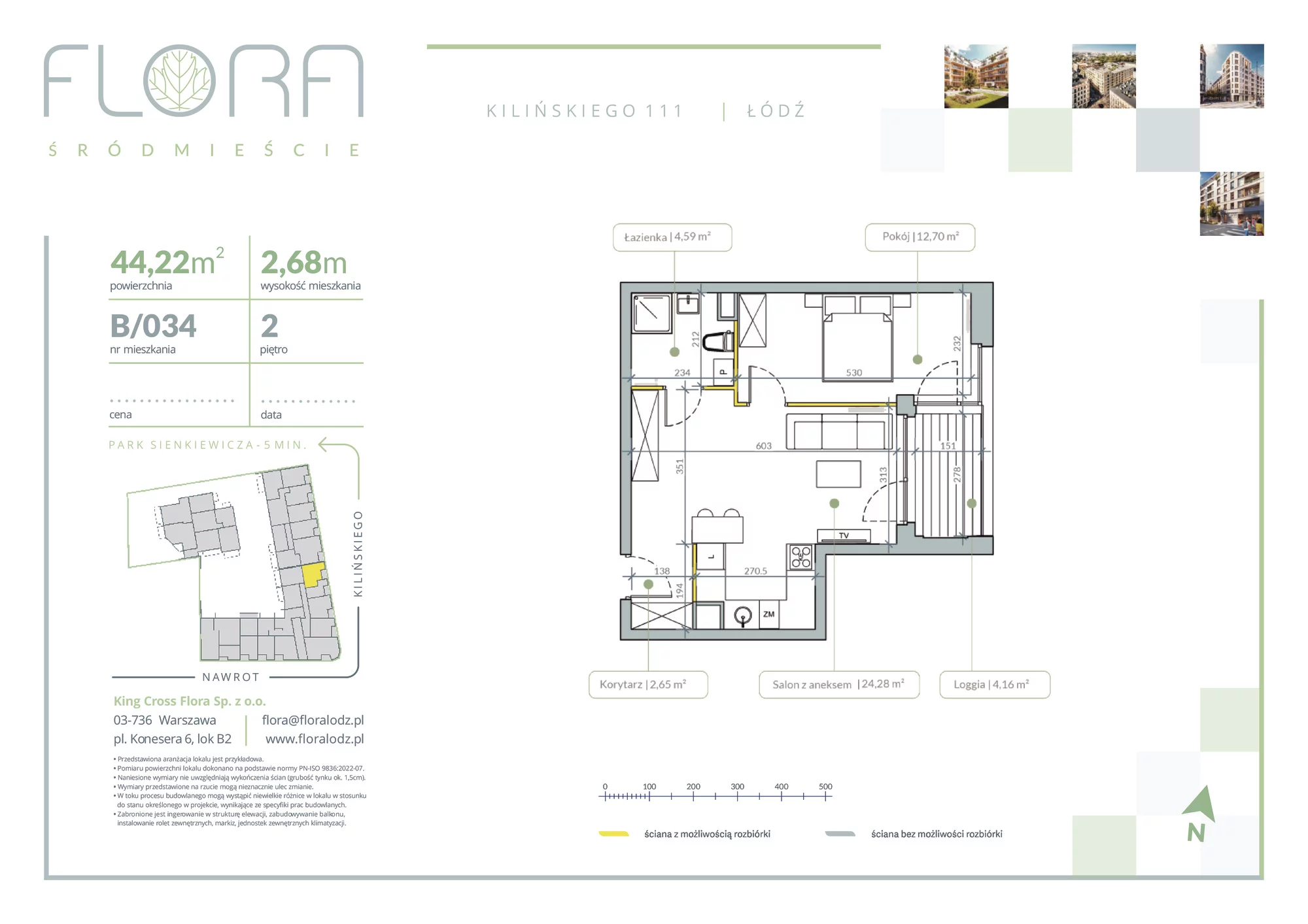 2 pokoje, apartament 44,22 m², piętro 2, oferta nr 34, Flora Śródmieście, Łódź, Śródmieście, ul. płk. Jana Kilińskiego 111