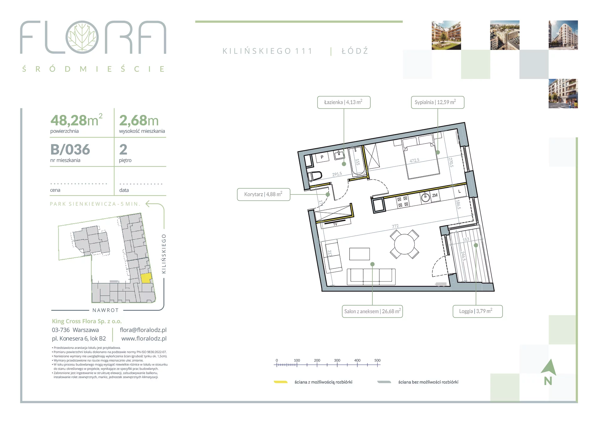 2 pokoje, apartament 48,28 m², piętro 2, oferta nr 36, Flora Śródmieście, Łódź, Śródmieście, ul. płk. Jana Kilińskiego 111
