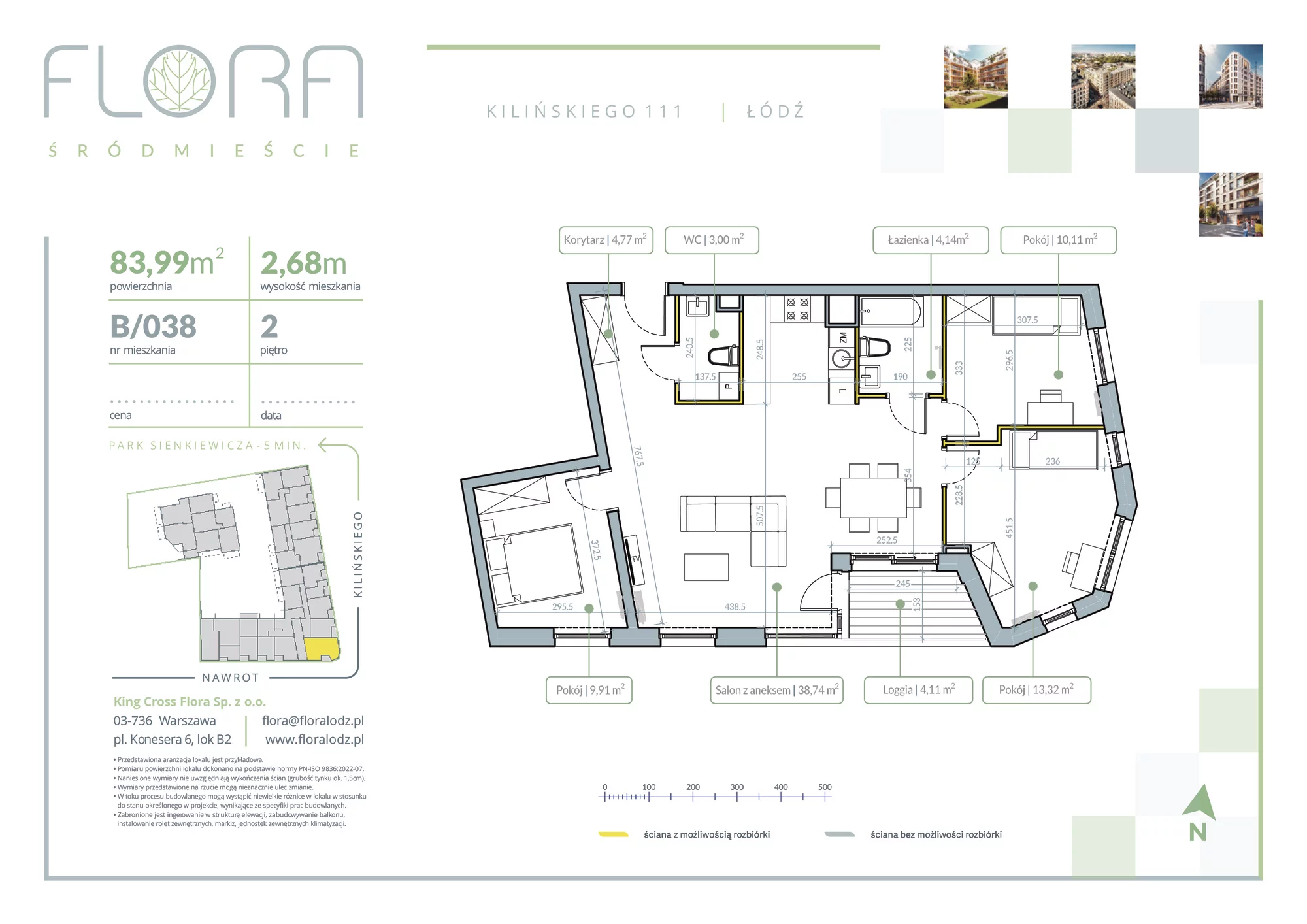 4 pokoje, apartament 83,99 m², piętro 2, oferta nr 38, Flora Śródmieście, Łódź, Śródmieście, ul. płk. Jana Kilińskiego 111