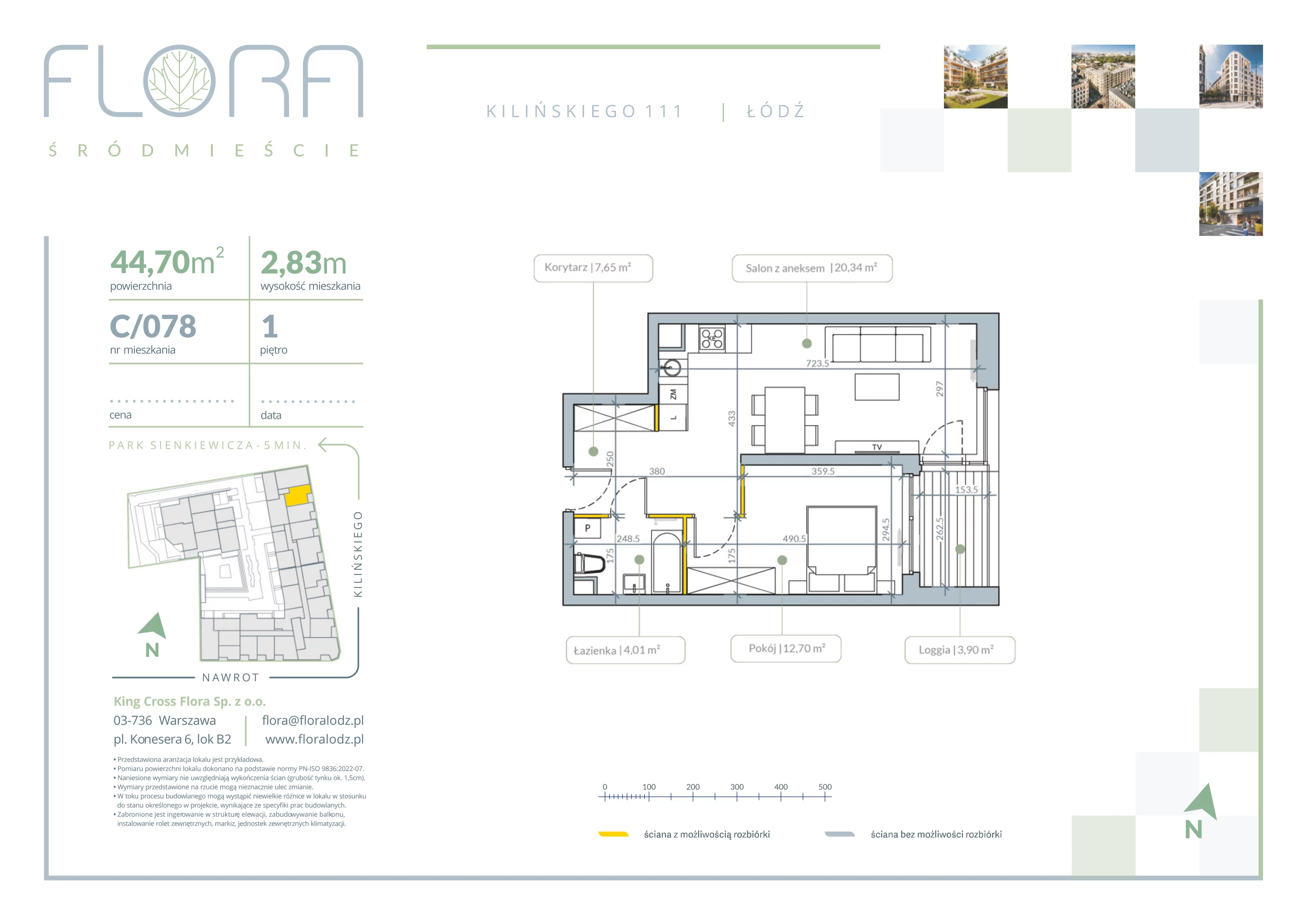 2 pokoje, apartament 44,70 m², piętro 1, oferta nr 78, Flora Śródmieście, Łódź, Śródmieście, ul. płk. Jana Kilińskiego 111