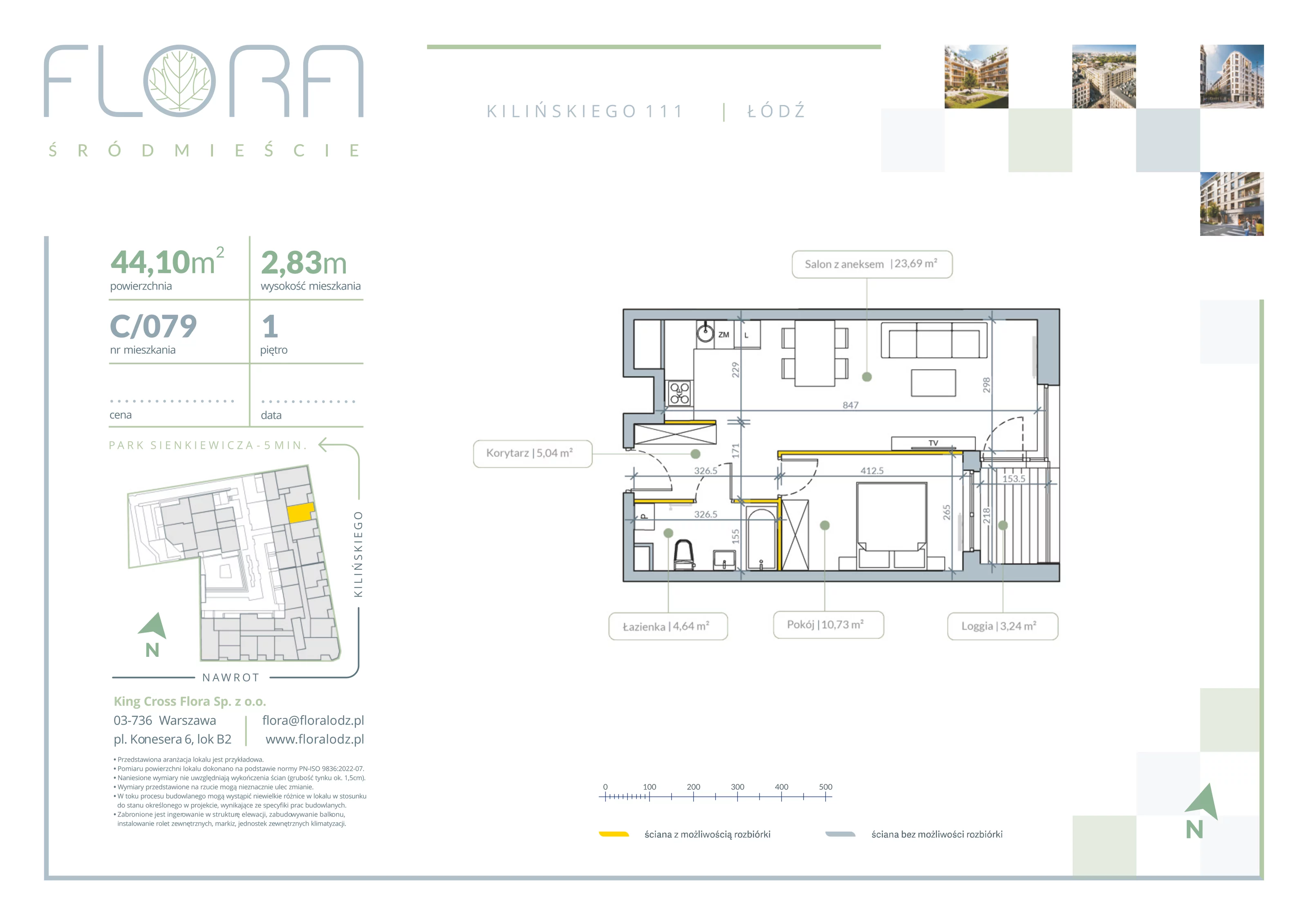 2 pokoje, apartament 44,10 m², piętro 1, oferta nr 79, Flora Śródmieście, Łódź, Śródmieście, ul. płk. Jana Kilińskiego 111