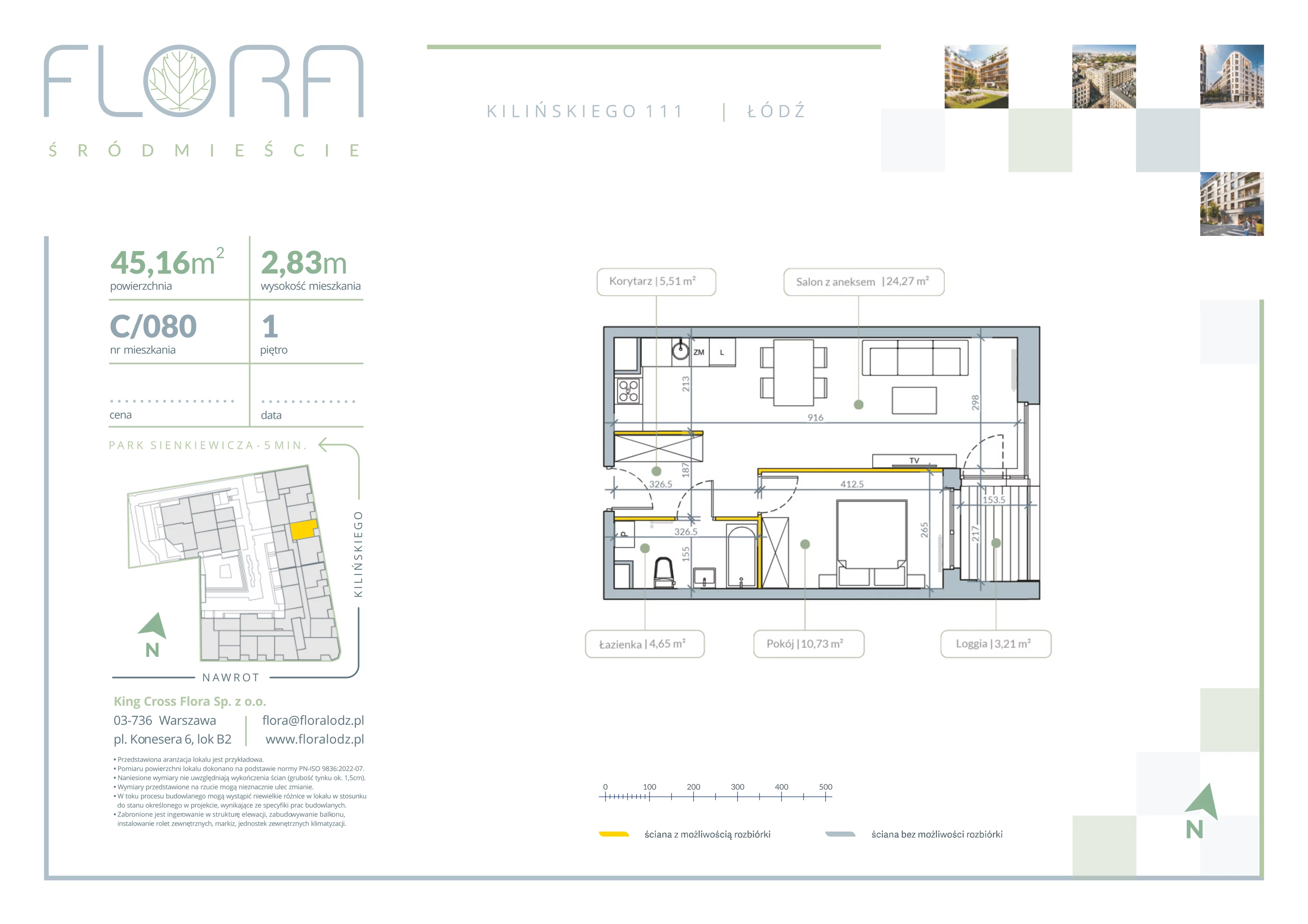 2 pokoje, apartament 45,16 m², piętro 1, oferta nr 80, Flora Śródmieście, Łódź, Śródmieście, ul. płk. Jana Kilińskiego 111