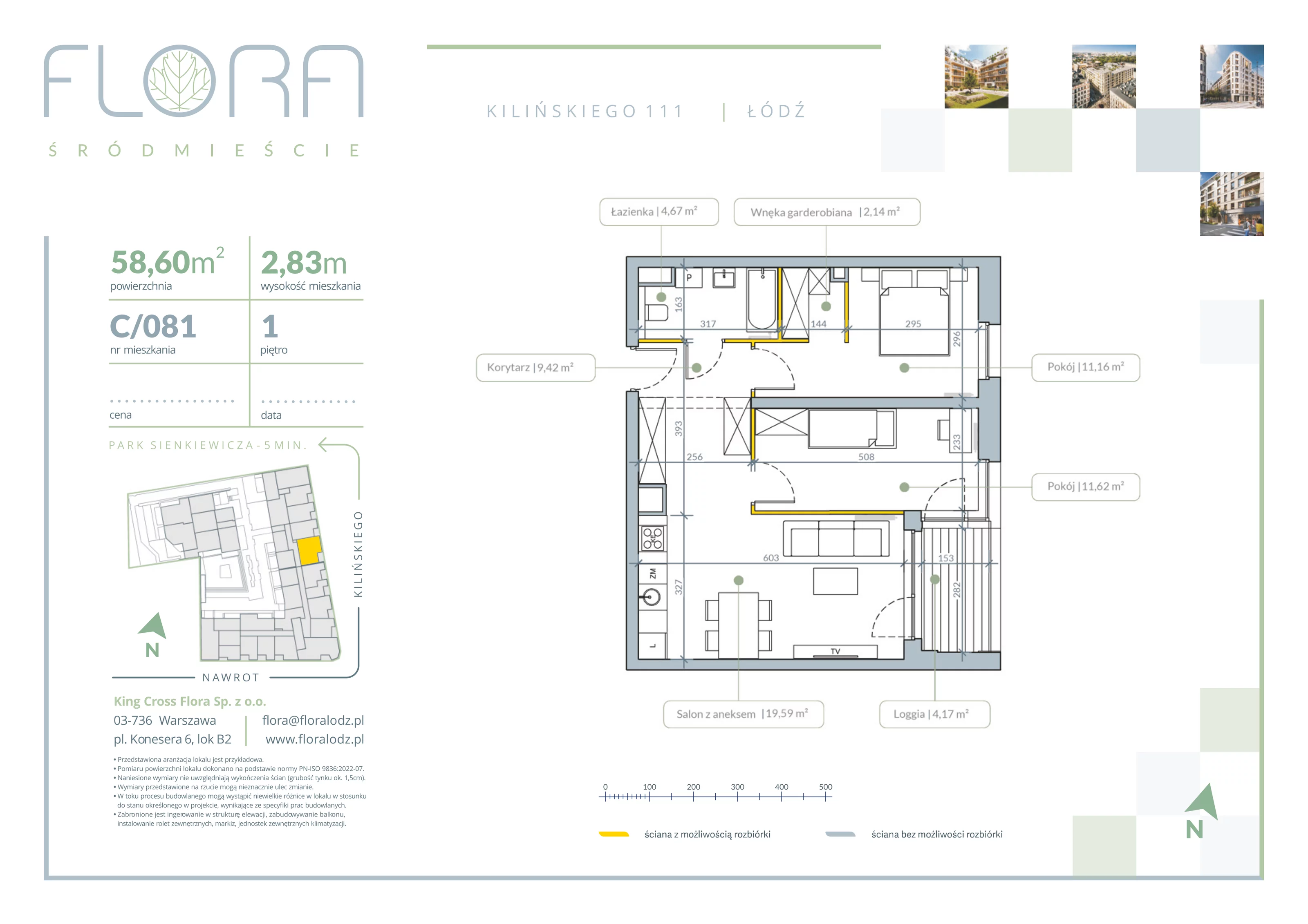 3 pokoje, apartament 58,60 m², piętro 1, oferta nr 81, Flora Śródmieście, Łódź, Śródmieście, ul. płk. Jana Kilińskiego 111