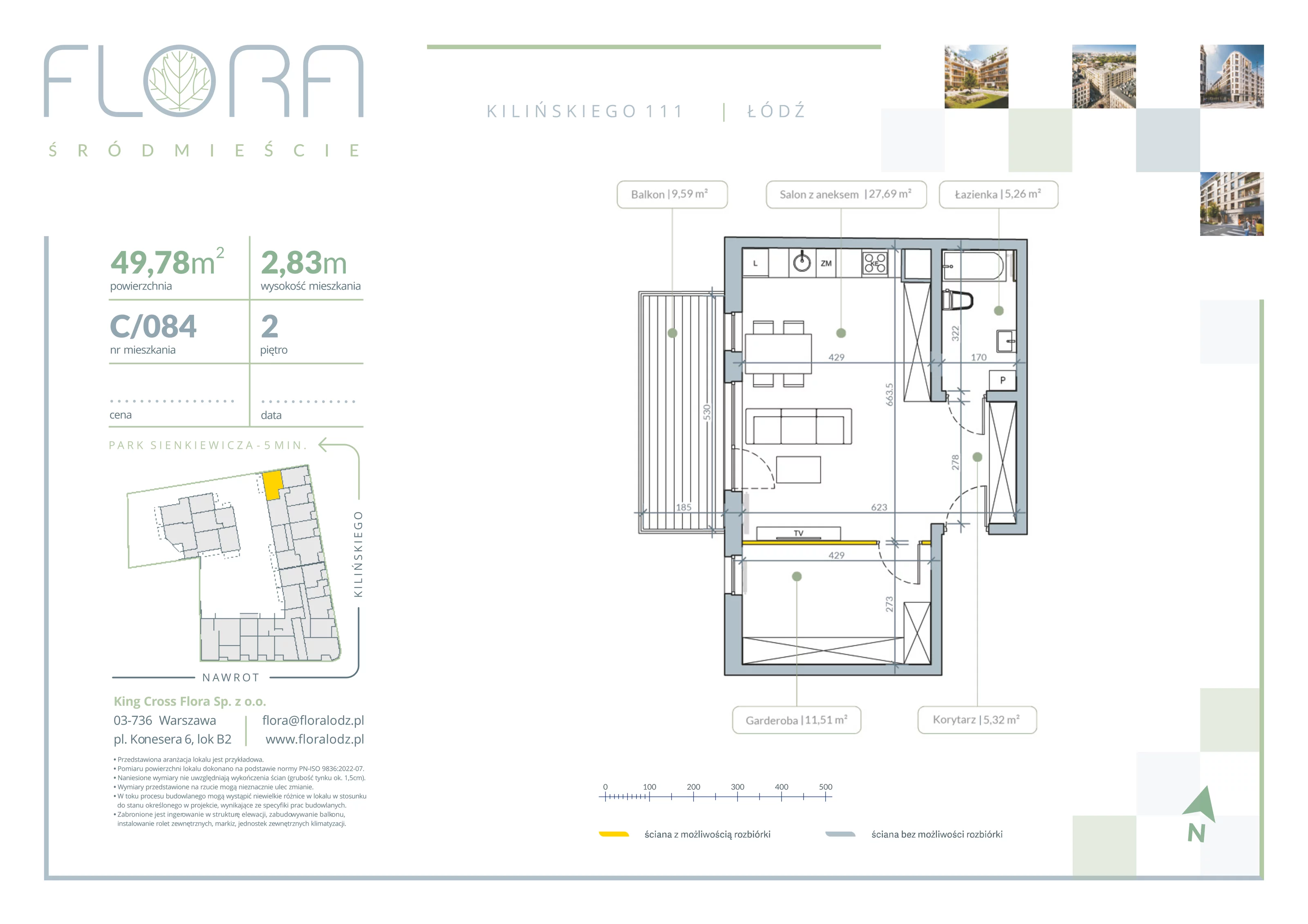 2 pokoje, apartament 49,78 m², piętro 2, oferta nr 84, Flora Śródmieście, Łódź, Śródmieście, ul. płk. Jana Kilińskiego 111