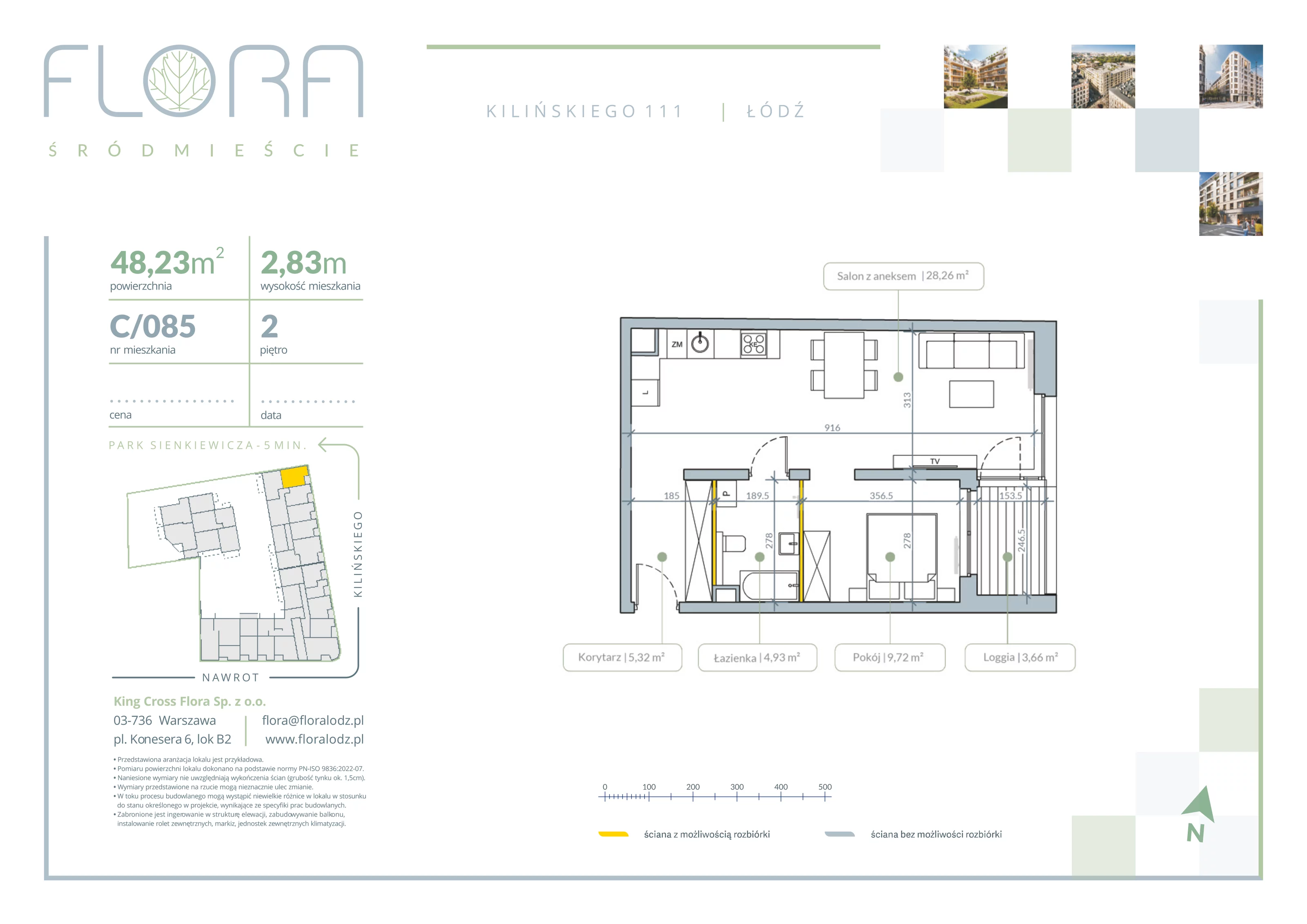 2 pokoje, apartament 48,23 m², piętro 2, oferta nr 85, Flora Śródmieście, Łódź, Śródmieście, ul. płk. Jana Kilińskiego 111