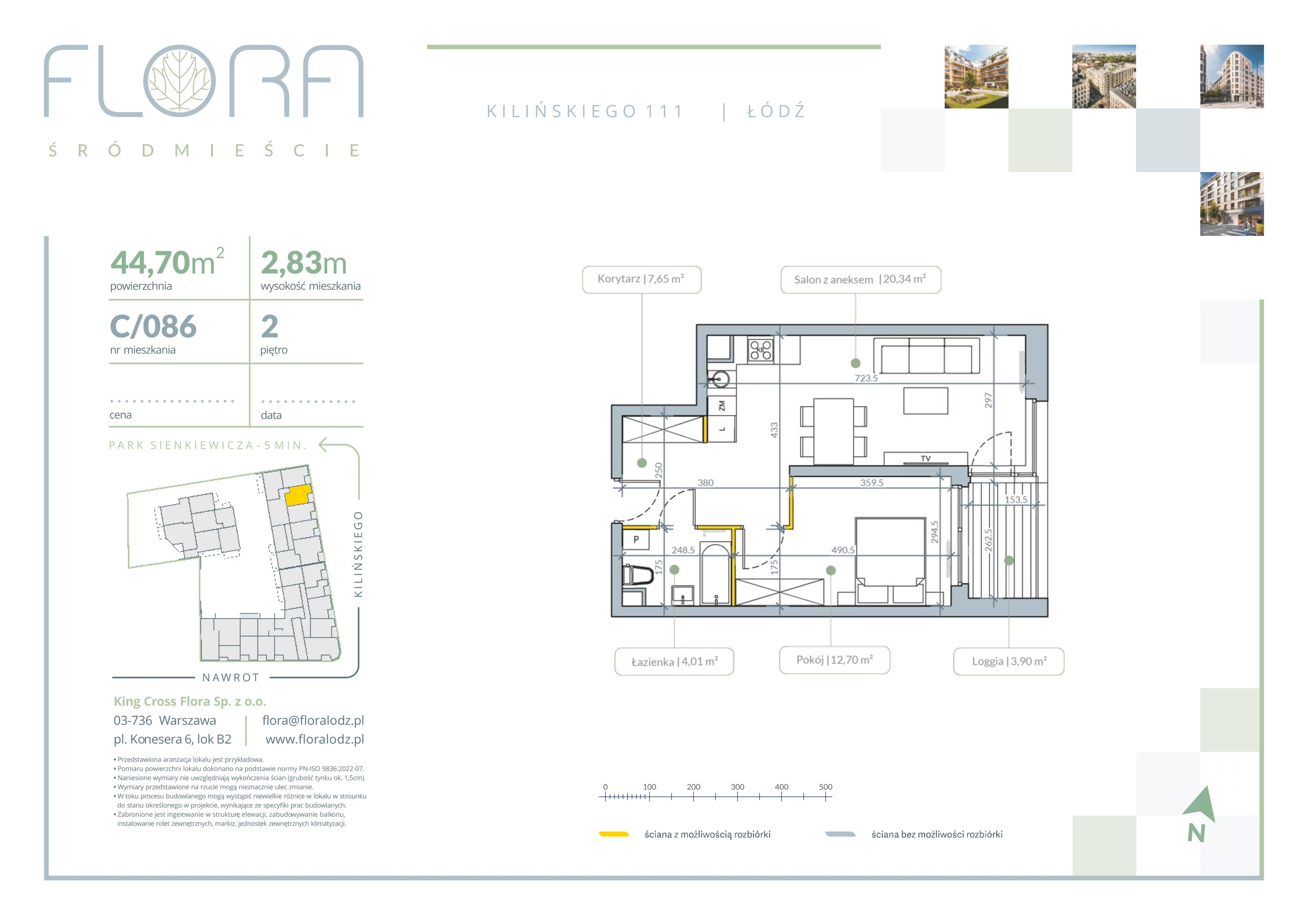 2 pokoje, apartament 44,70 m², piętro 2, oferta nr 86, Flora Śródmieście, Łódź, Śródmieście, ul. płk. Jana Kilińskiego 111