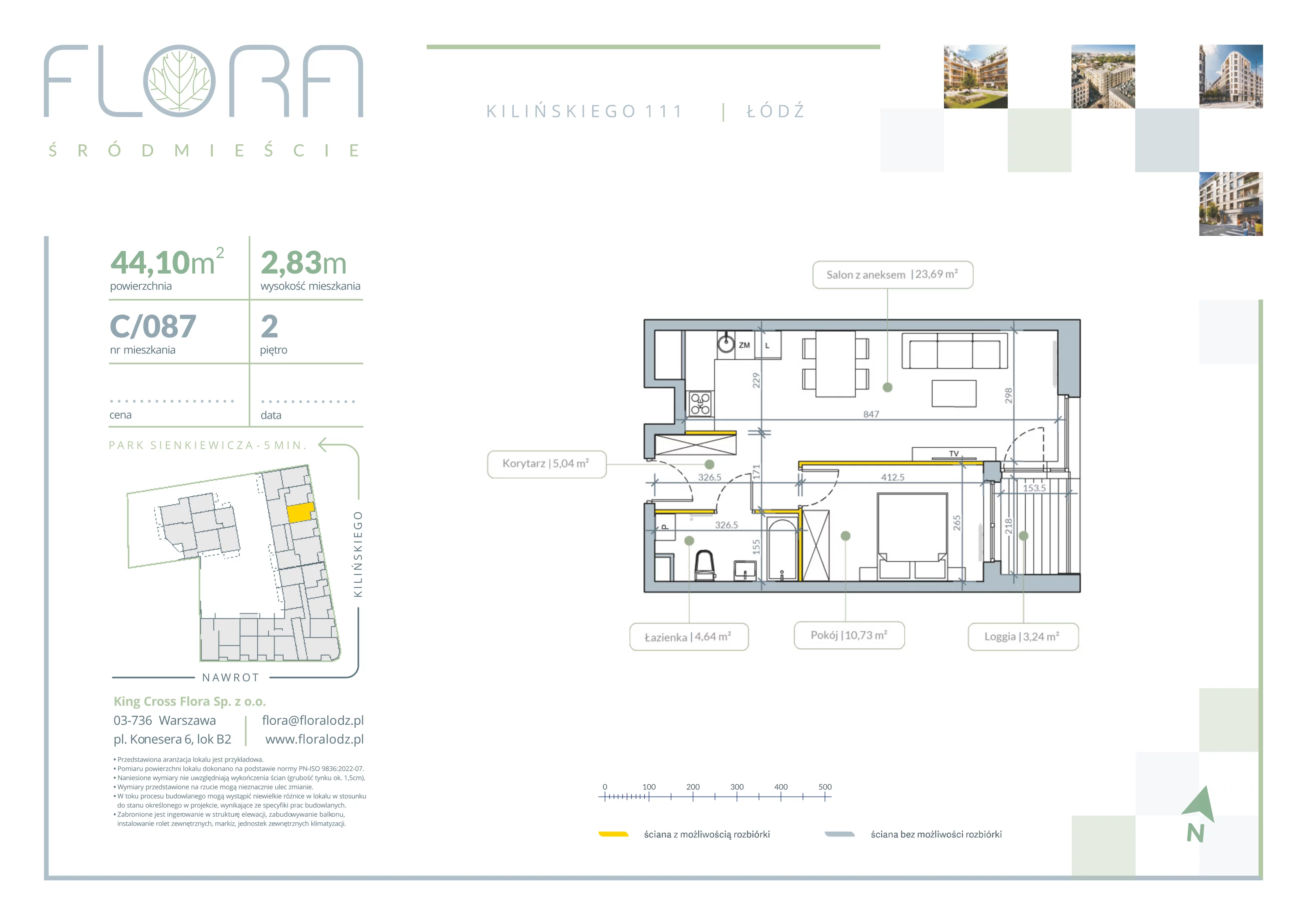 2 pokoje, apartament 44,10 m², piętro 2, oferta nr 87, Flora Śródmieście, Łódź, Śródmieście, ul. płk. Jana Kilińskiego 111