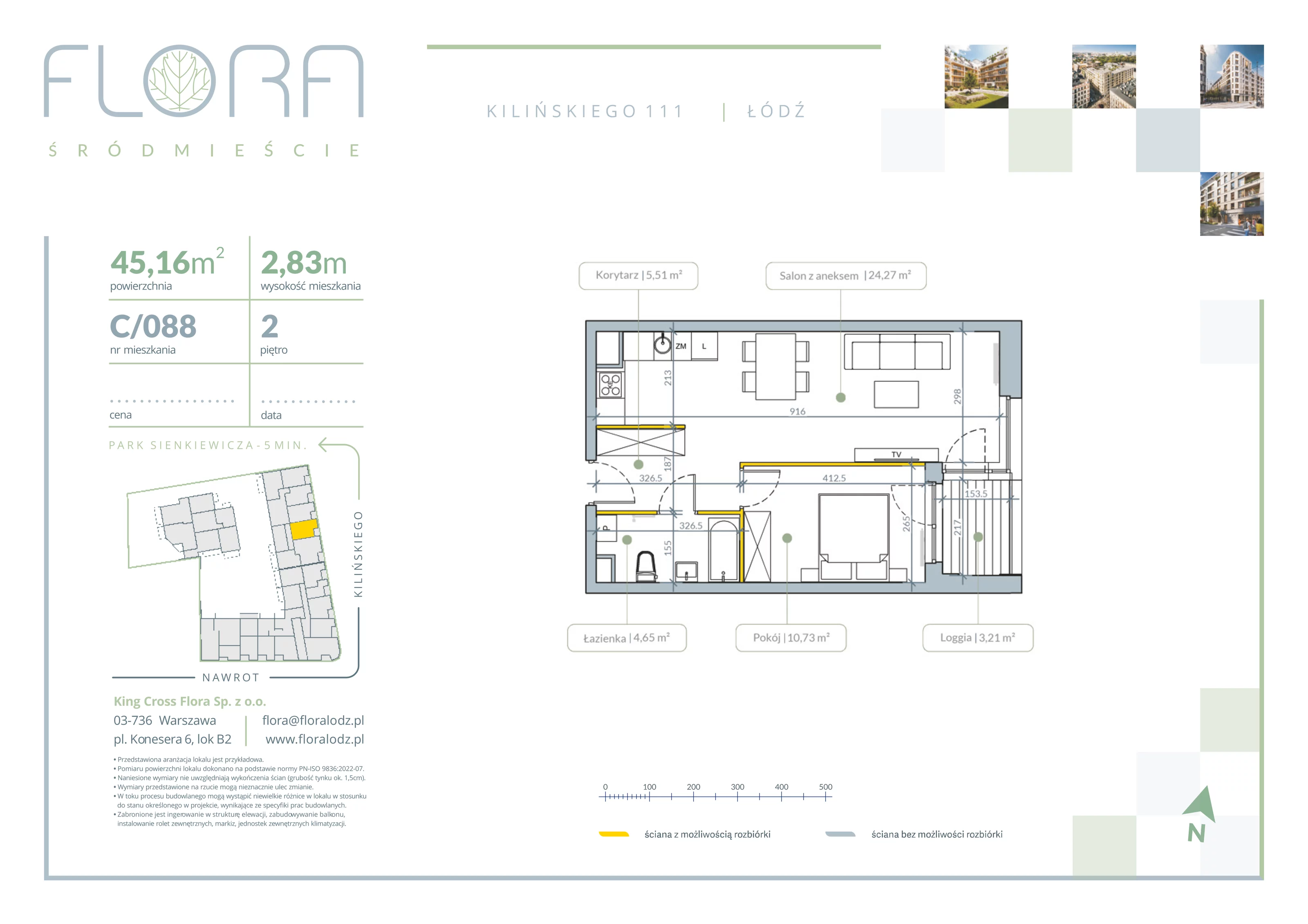 2 pokoje, apartament 45,16 m², piętro 2, oferta nr 88, Flora Śródmieście, Łódź, Śródmieście, ul. płk. Jana Kilińskiego 111