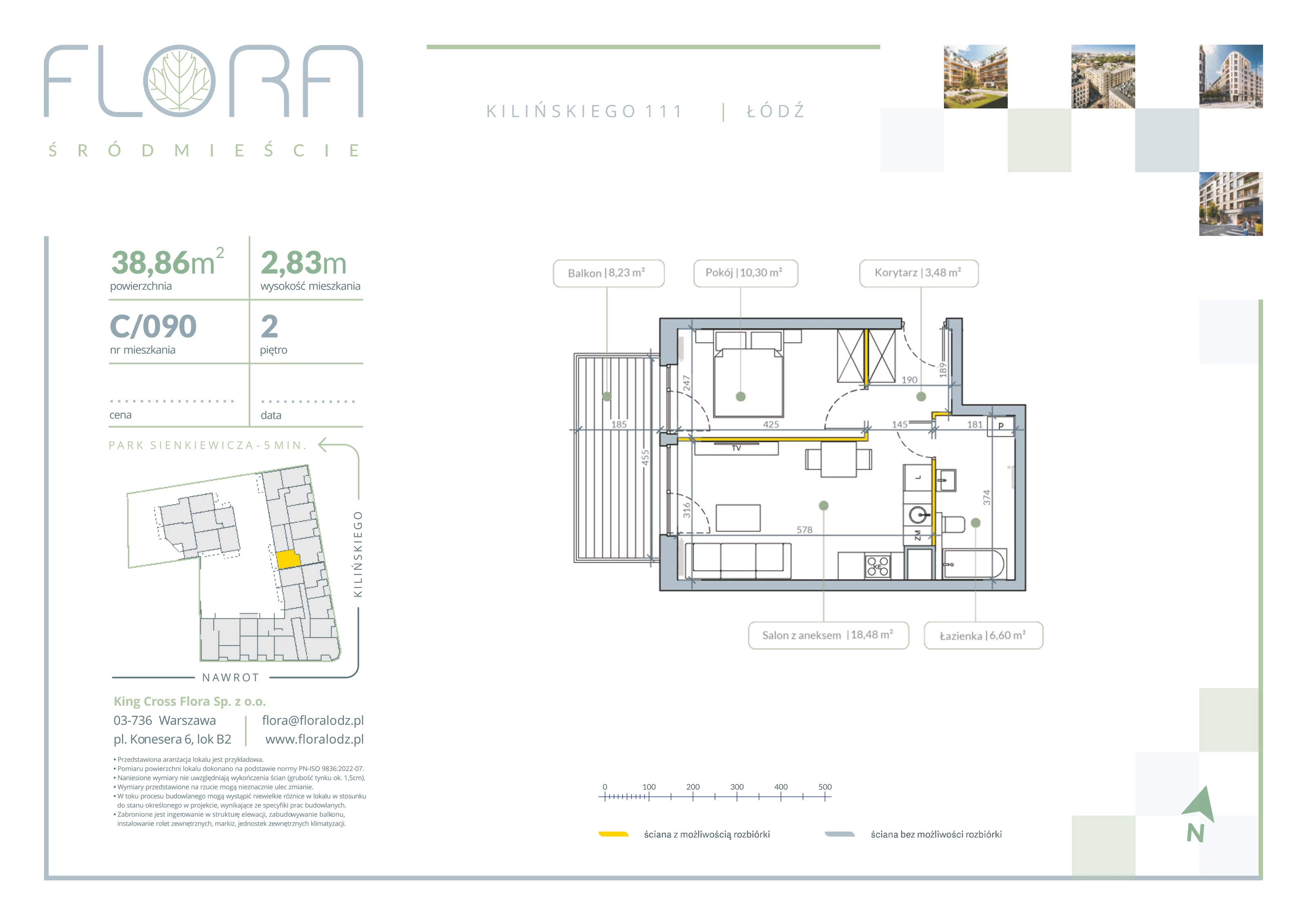 2 pokoje, apartament 38,86 m², piętro 2, oferta nr 90, Flora Śródmieście, Łódź, Śródmieście, ul. płk. Jana Kilińskiego 111