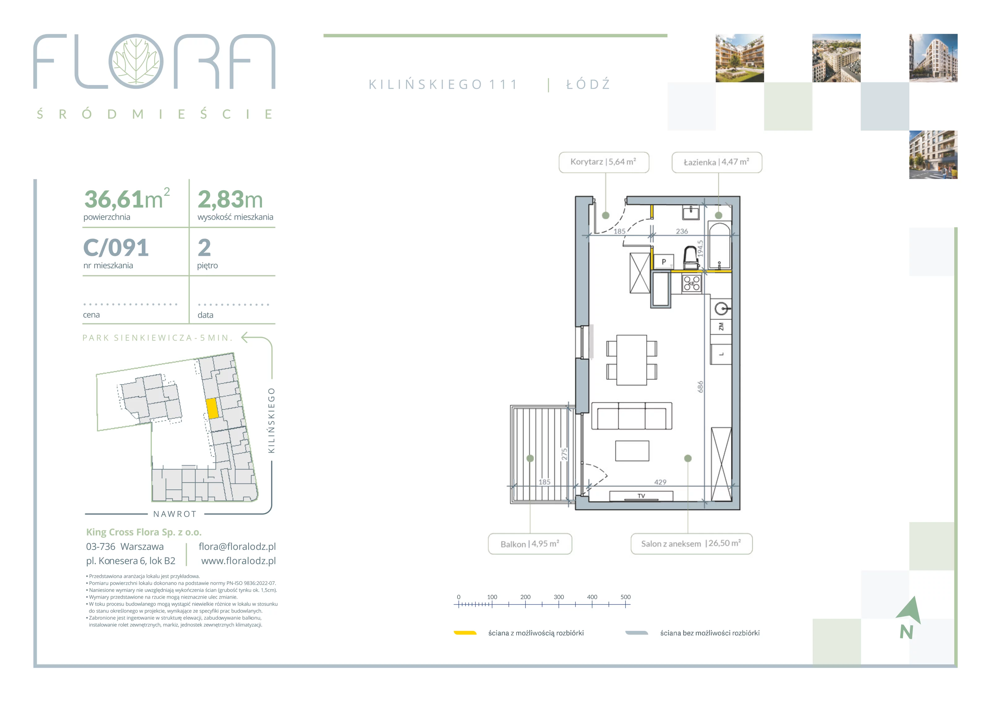 1 pokój, apartament 36,61 m², piętro 2, oferta nr 91, Flora Śródmieście, Łódź, Śródmieście, ul. płk. Jana Kilińskiego 111