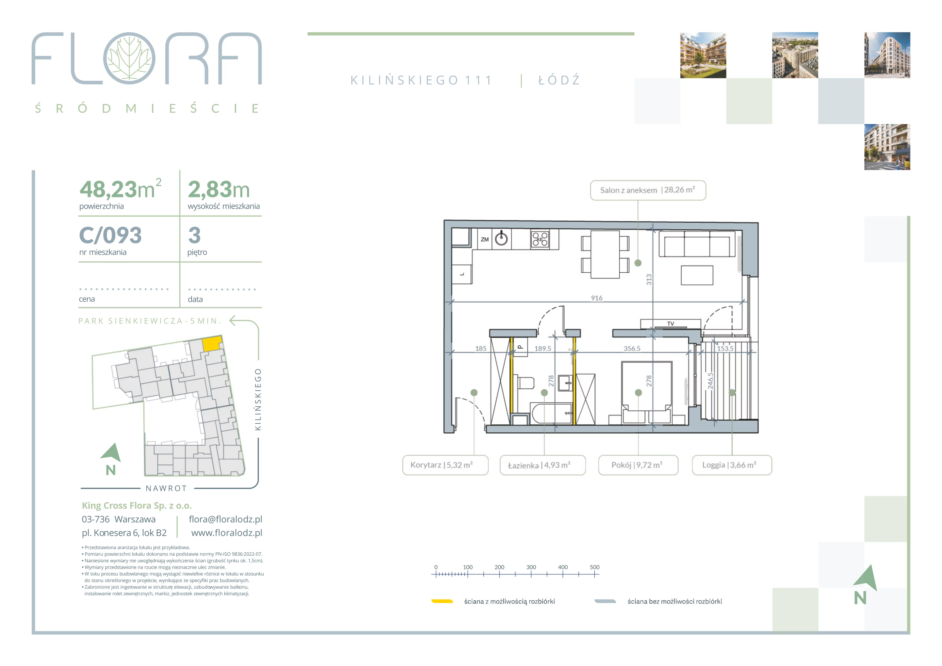 2 pokoje, apartament 48,23 m², piętro 3, oferta nr 93, Flora Śródmieście, Łódź, Śródmieście, ul. płk. Jana Kilińskiego 111