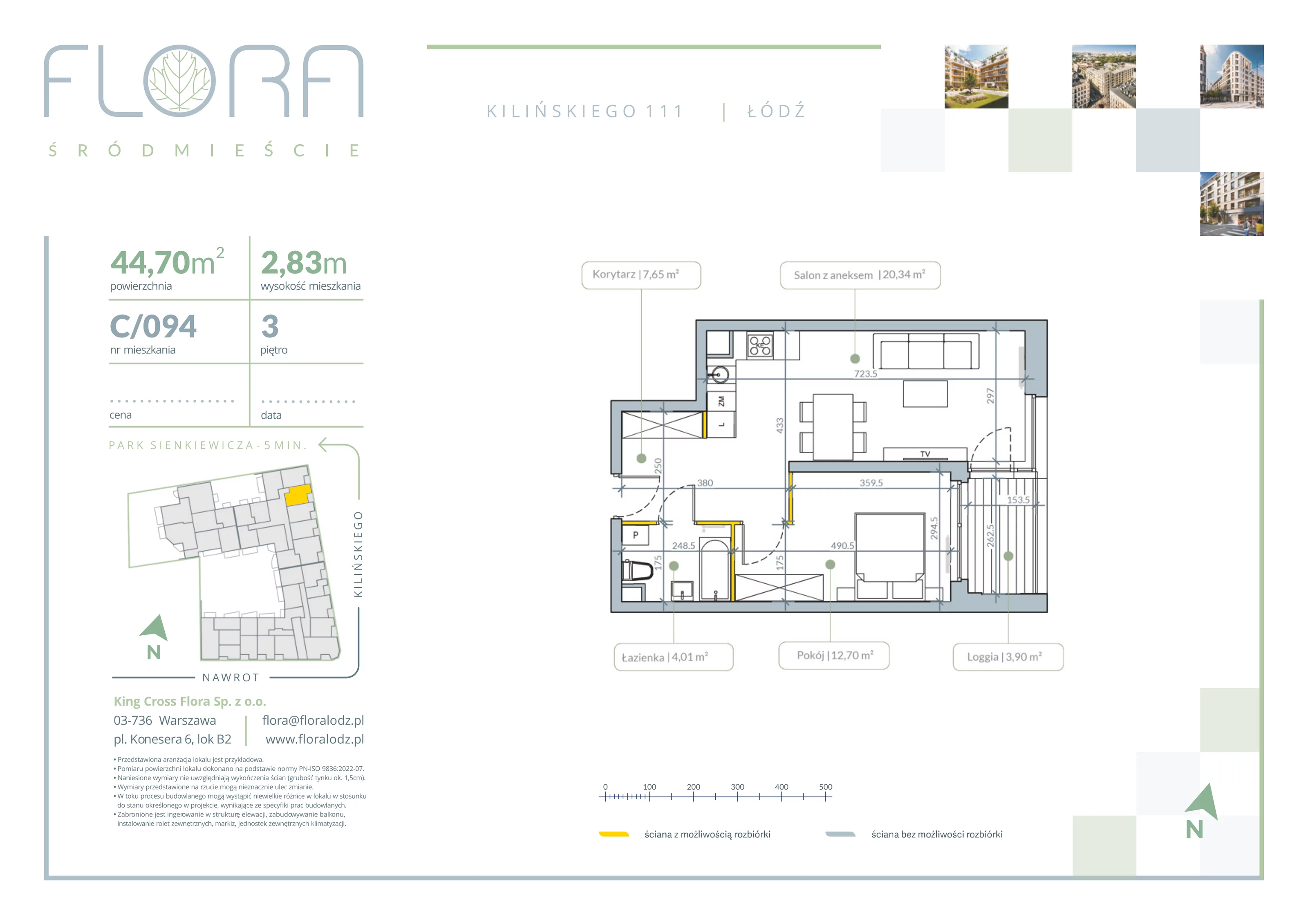 2 pokoje, apartament 44,70 m², piętro 3, oferta nr 94, Flora Śródmieście, Łódź, Śródmieście, ul. płk. Jana Kilińskiego 111