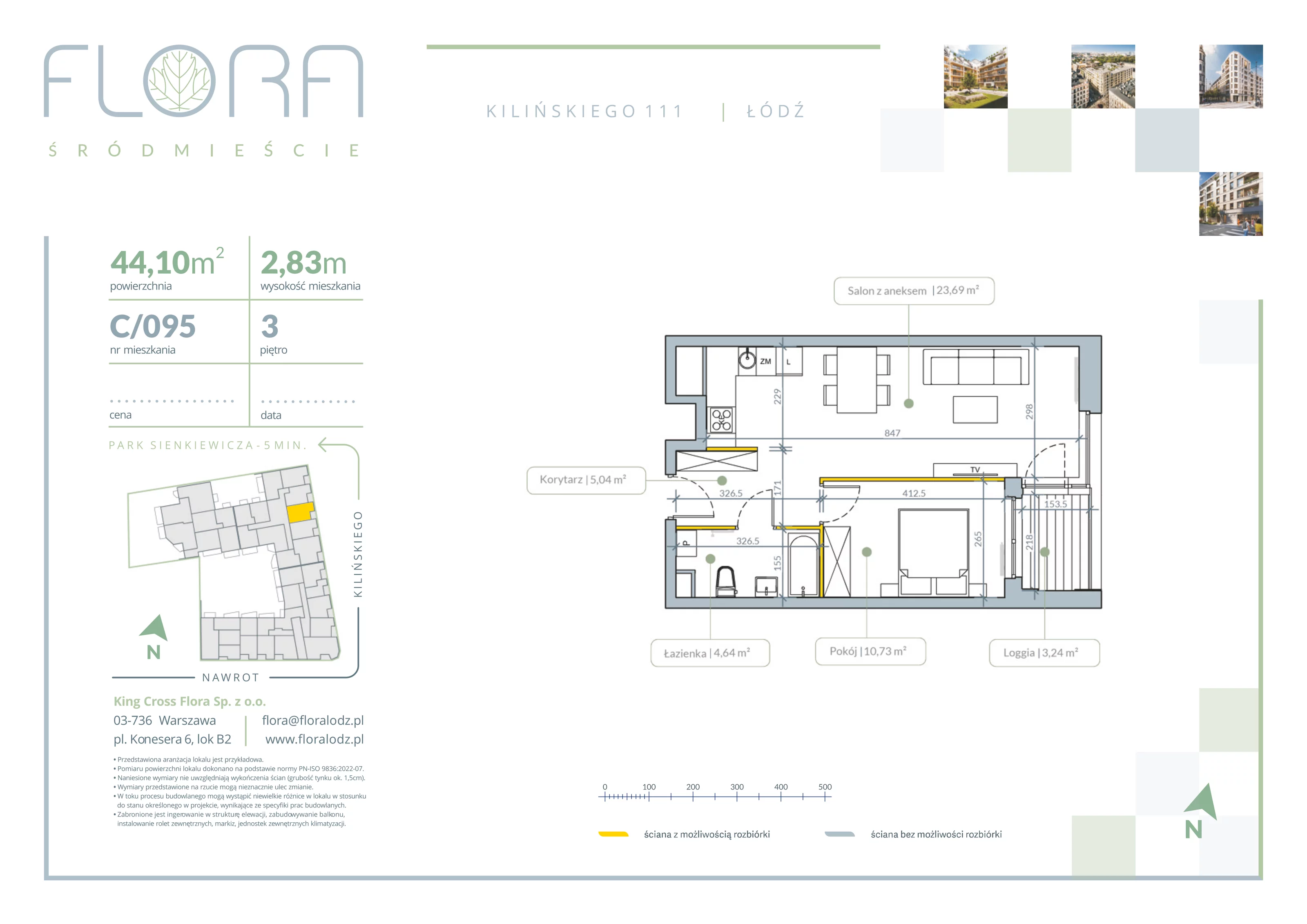 2 pokoje, apartament 44,10 m², piętro 3, oferta nr 95, Flora Śródmieście, Łódź, Śródmieście, ul. płk. Jana Kilińskiego 111