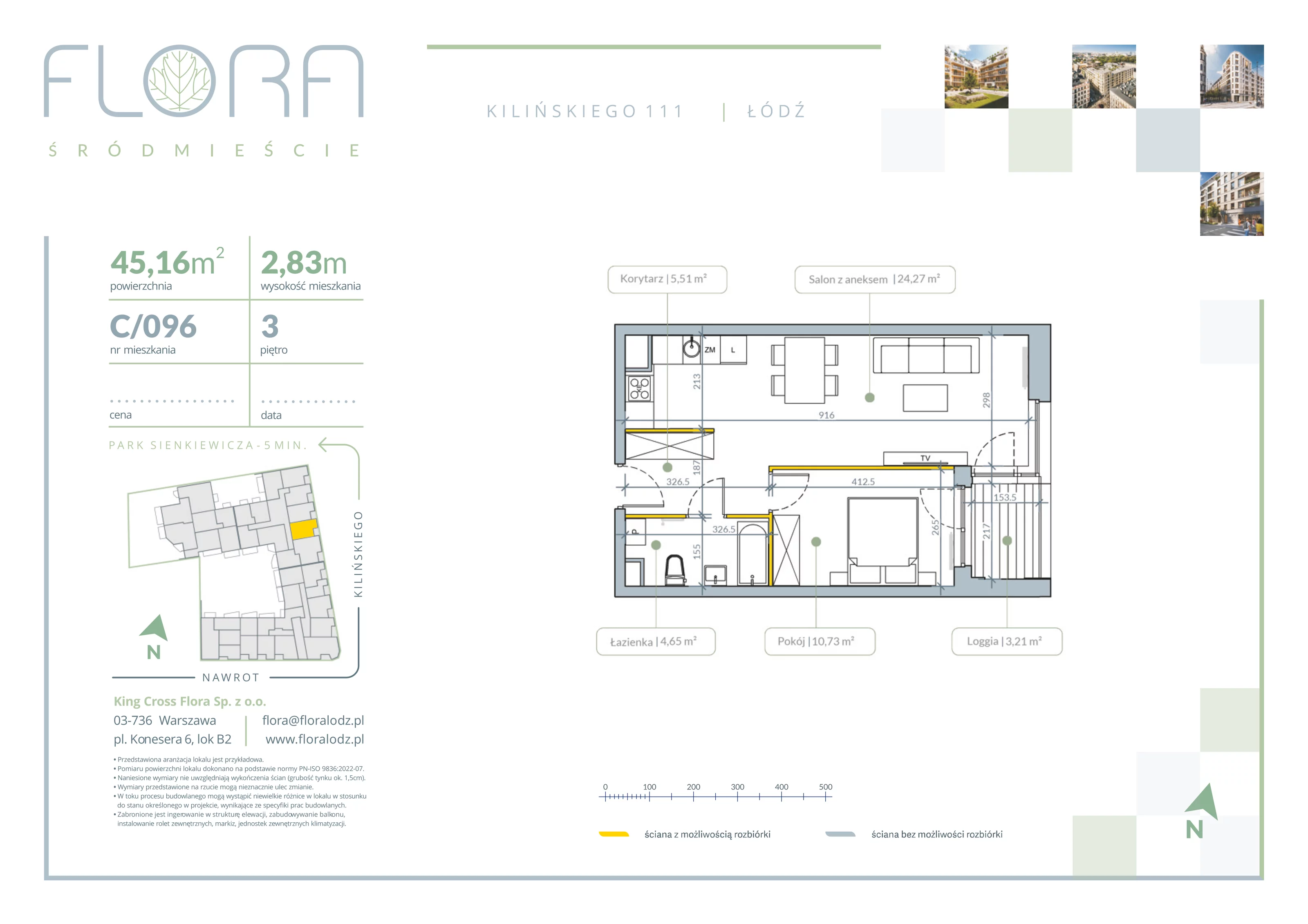 2 pokoje, apartament 45,16 m², piętro 3, oferta nr 96, Flora Śródmieście, Łódź, Śródmieście, ul. płk. Jana Kilińskiego 111
