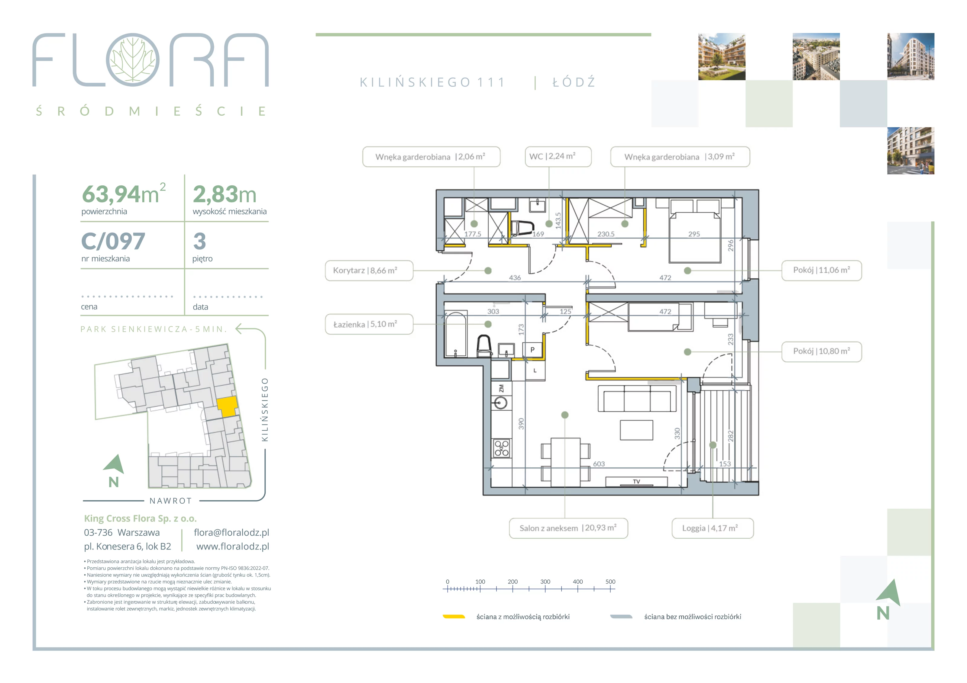 3 pokoje, apartament 63,94 m², piętro 3, oferta nr 97, Flora Śródmieście, Łódź, Śródmieście, ul. płk. Jana Kilińskiego 111