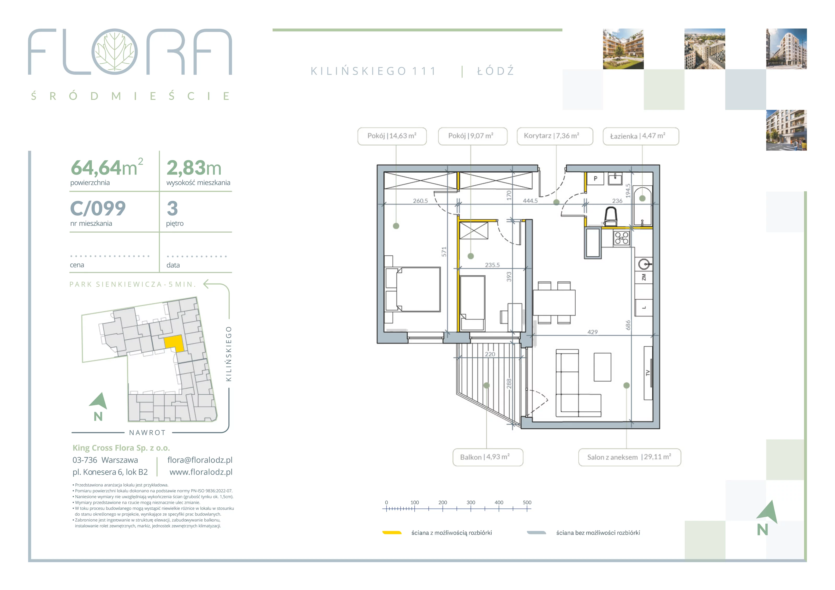 3 pokoje, apartament 64,64 m², piętro 3, oferta nr 99, Flora Śródmieście, Łódź, Śródmieście, ul. płk. Jana Kilińskiego 111