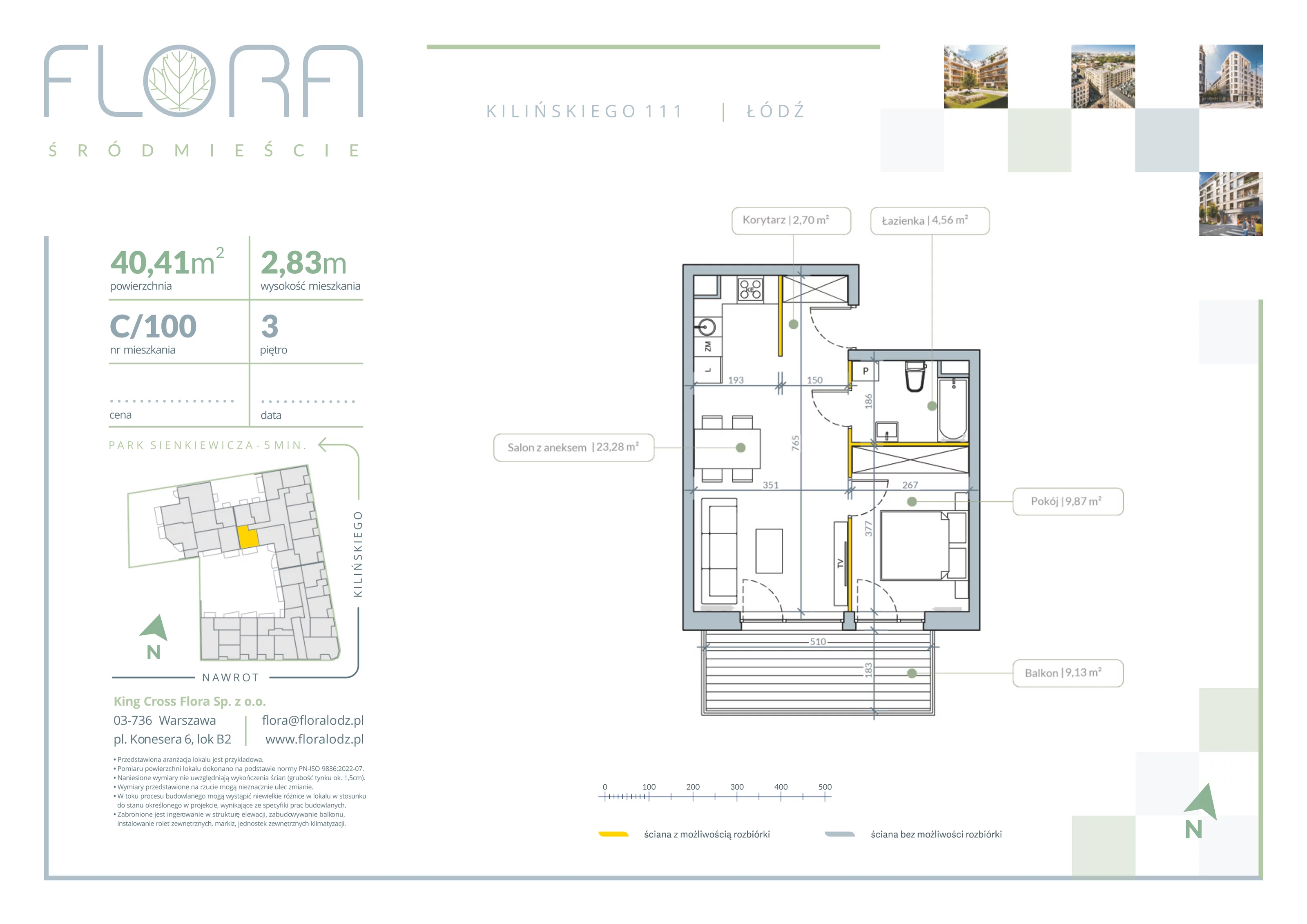 2 pokoje, apartament 40,41 m², piętro 3, oferta nr 100, Flora Śródmieście, Łódź, Śródmieście, ul. płk. Jana Kilińskiego 111