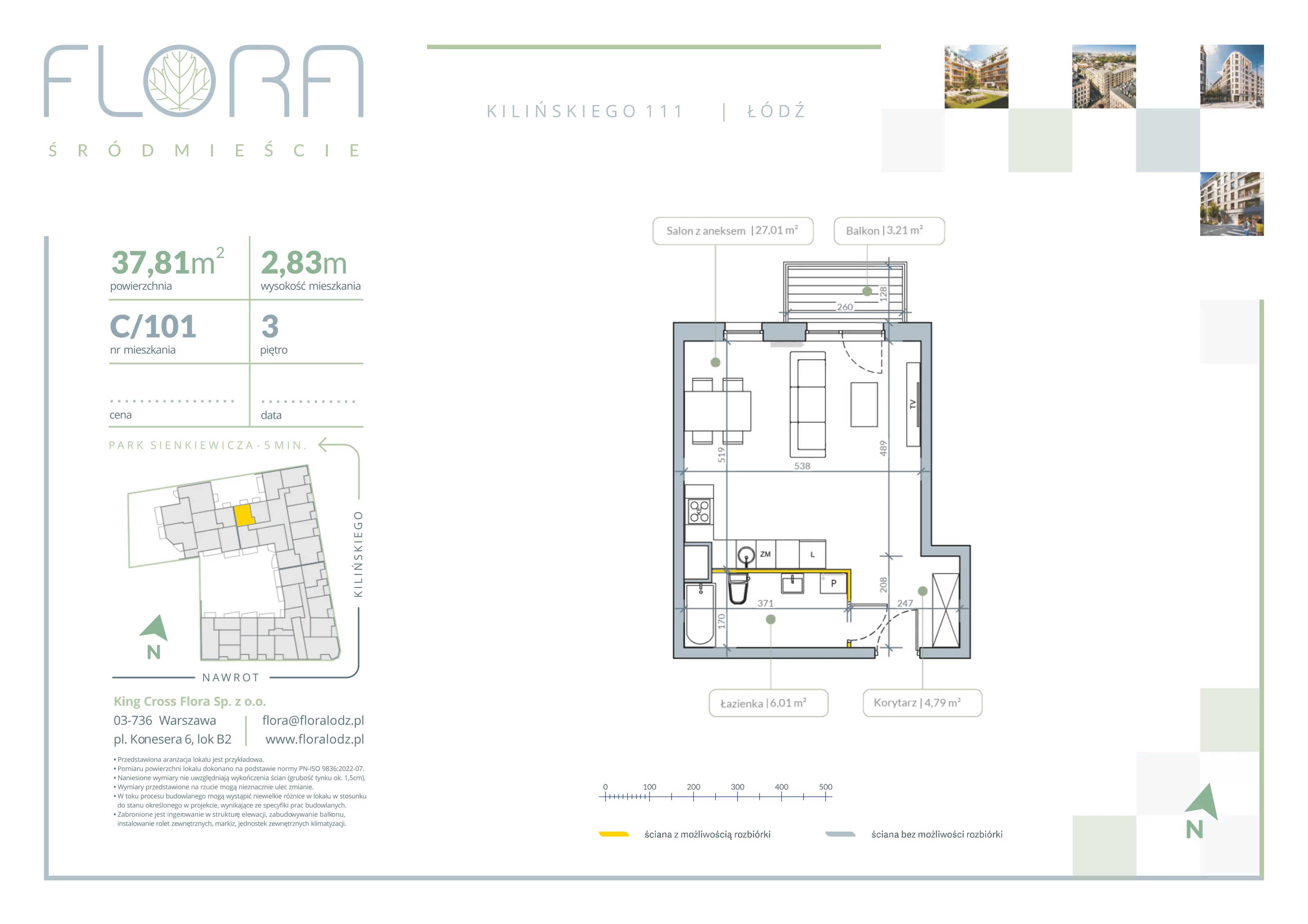 1 pokój, apartament 37,81 m², piętro 3, oferta nr 101, Flora Śródmieście, Łódź, Śródmieście, ul. płk. Jana Kilińskiego 111