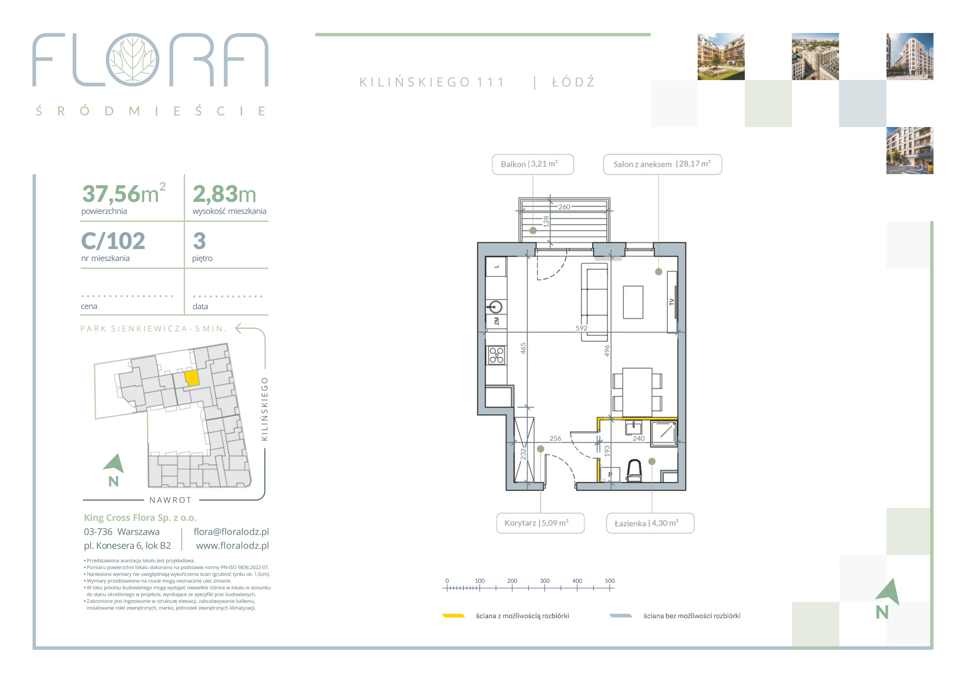 1 pokój, apartament 37,56 m², piętro 3, oferta nr 102, Flora Śródmieście, Łódź, Śródmieście, ul. płk. Jana Kilińskiego 111