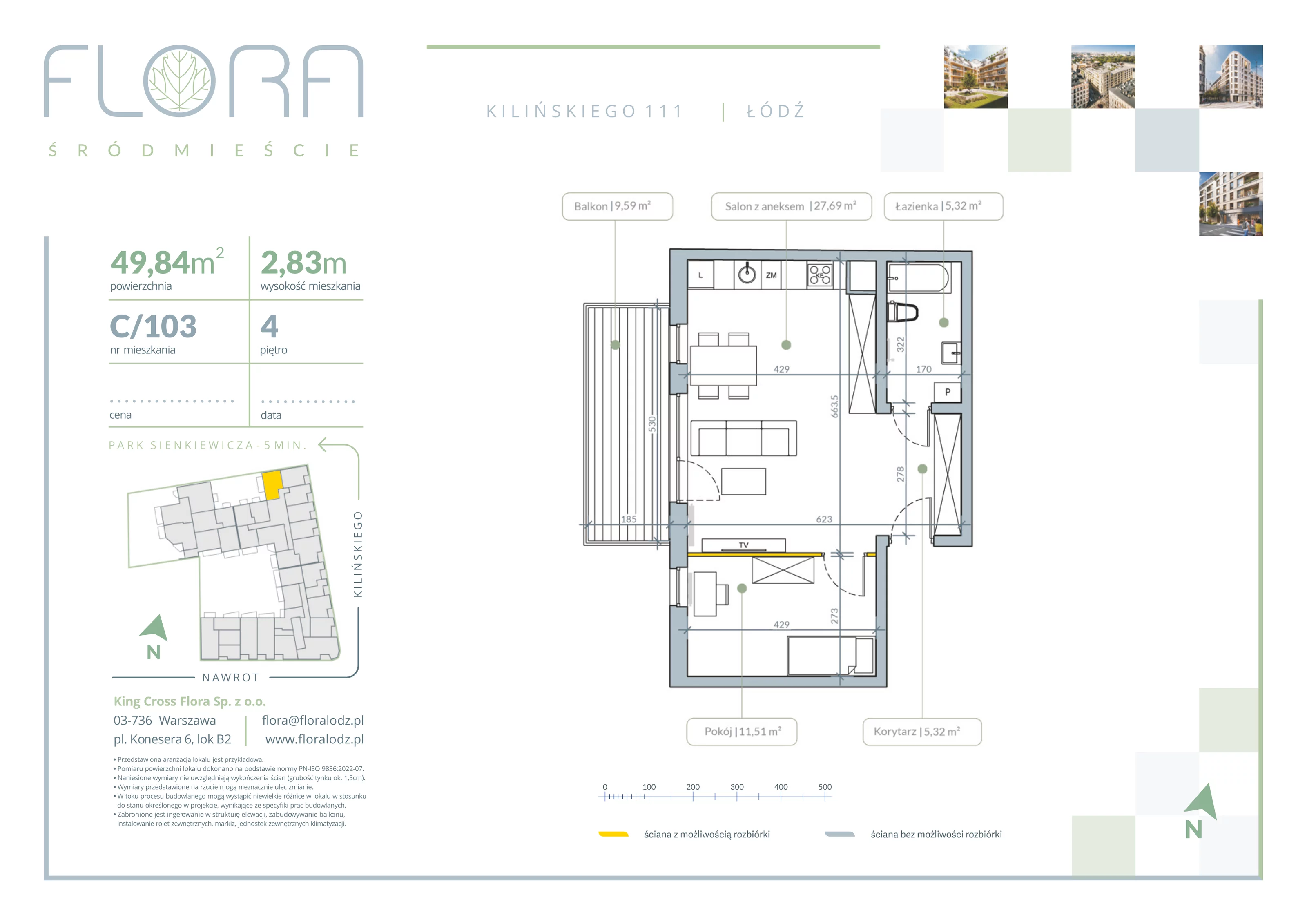 2 pokoje, apartament 49,84 m², piętro 4, oferta nr 103, Flora Śródmieście, Łódź, Śródmieście, ul. płk. Jana Kilińskiego 111