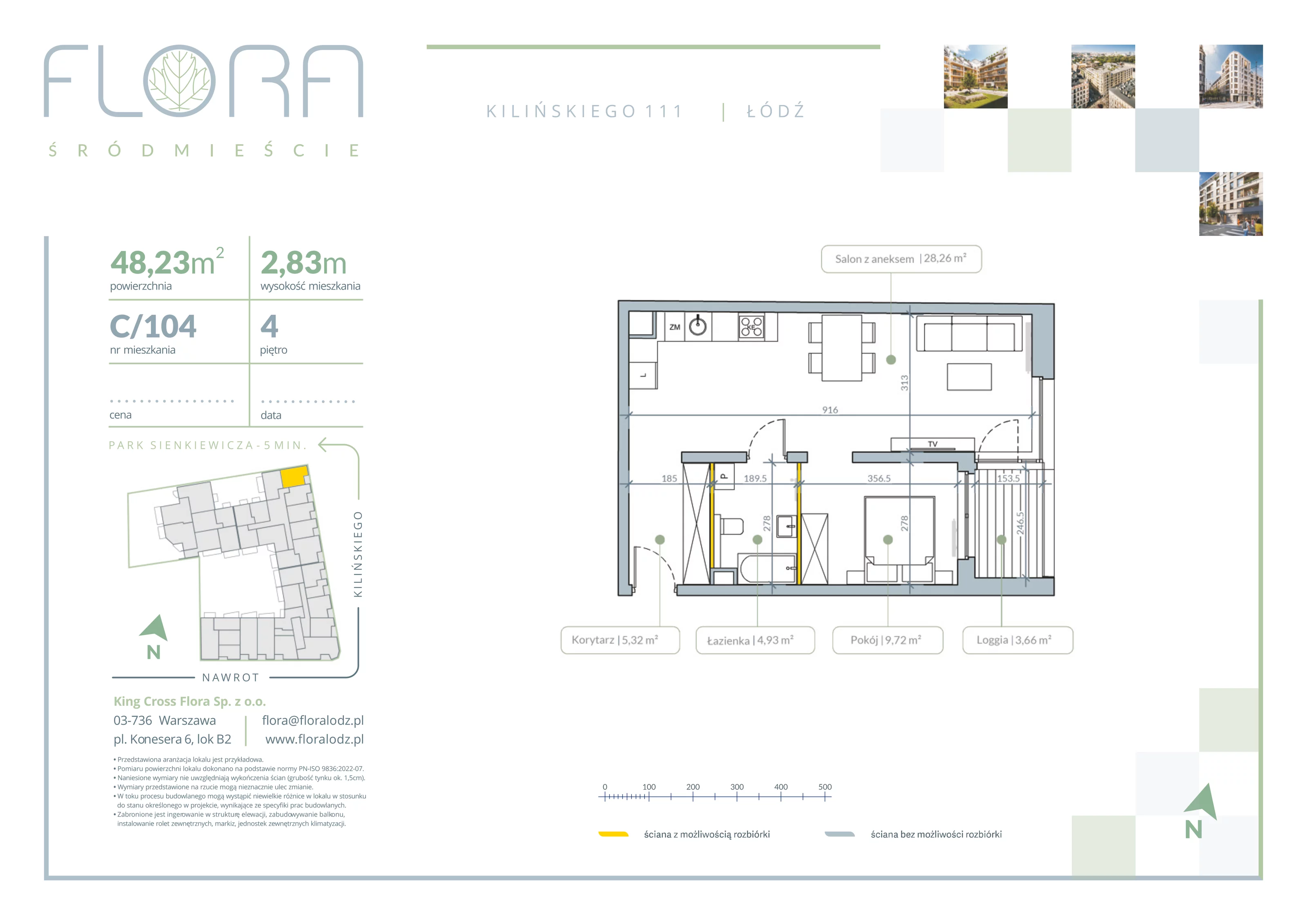 2 pokoje, apartament 48,23 m², piętro 4, oferta nr 104, Flora Śródmieście, Łódź, Śródmieście, ul. płk. Jana Kilińskiego 111