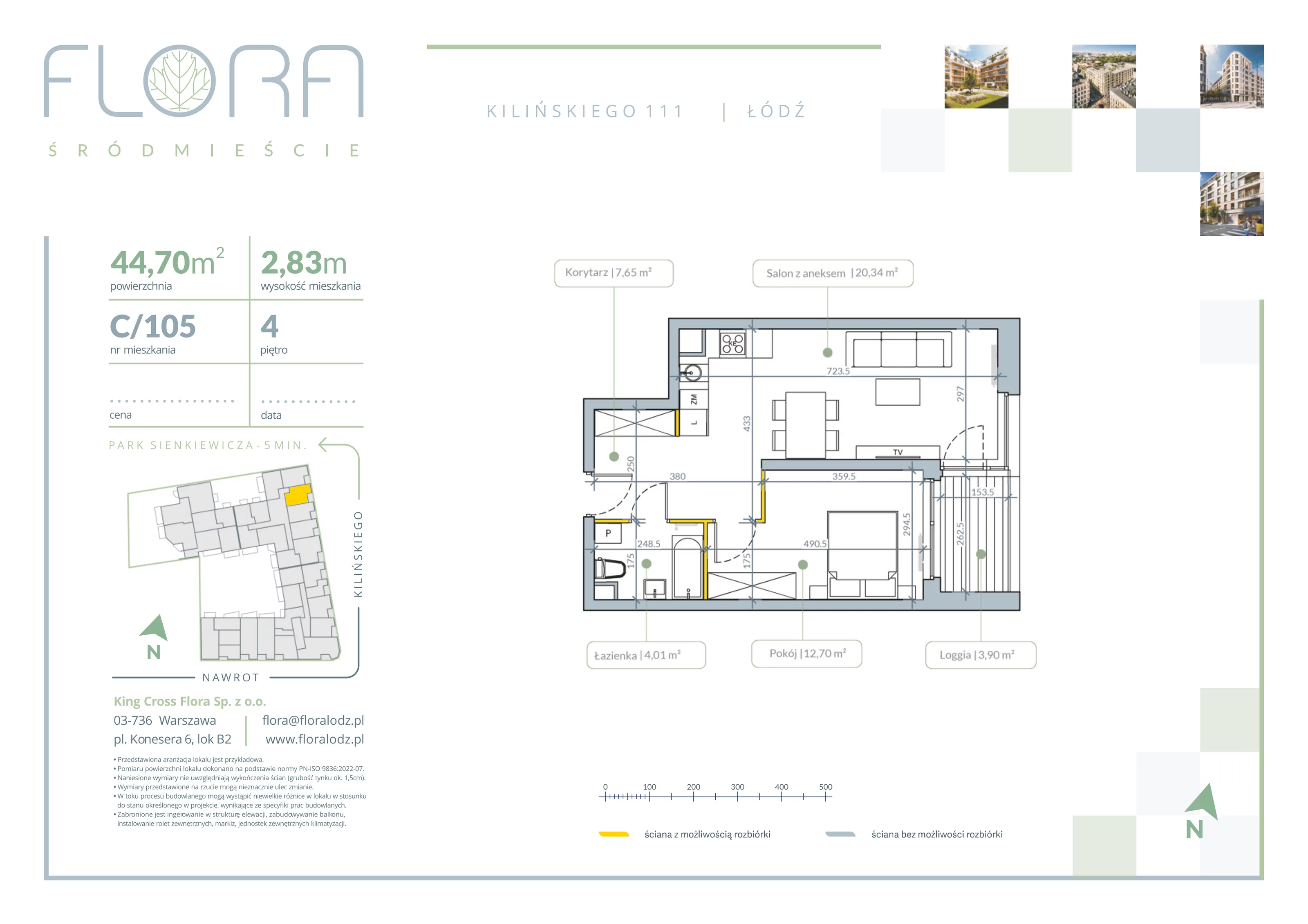 2 pokoje, apartament 44,70 m², piętro 4, oferta nr 105, Flora Śródmieście, Łódź, Śródmieście, ul. płk. Jana Kilińskiego 111