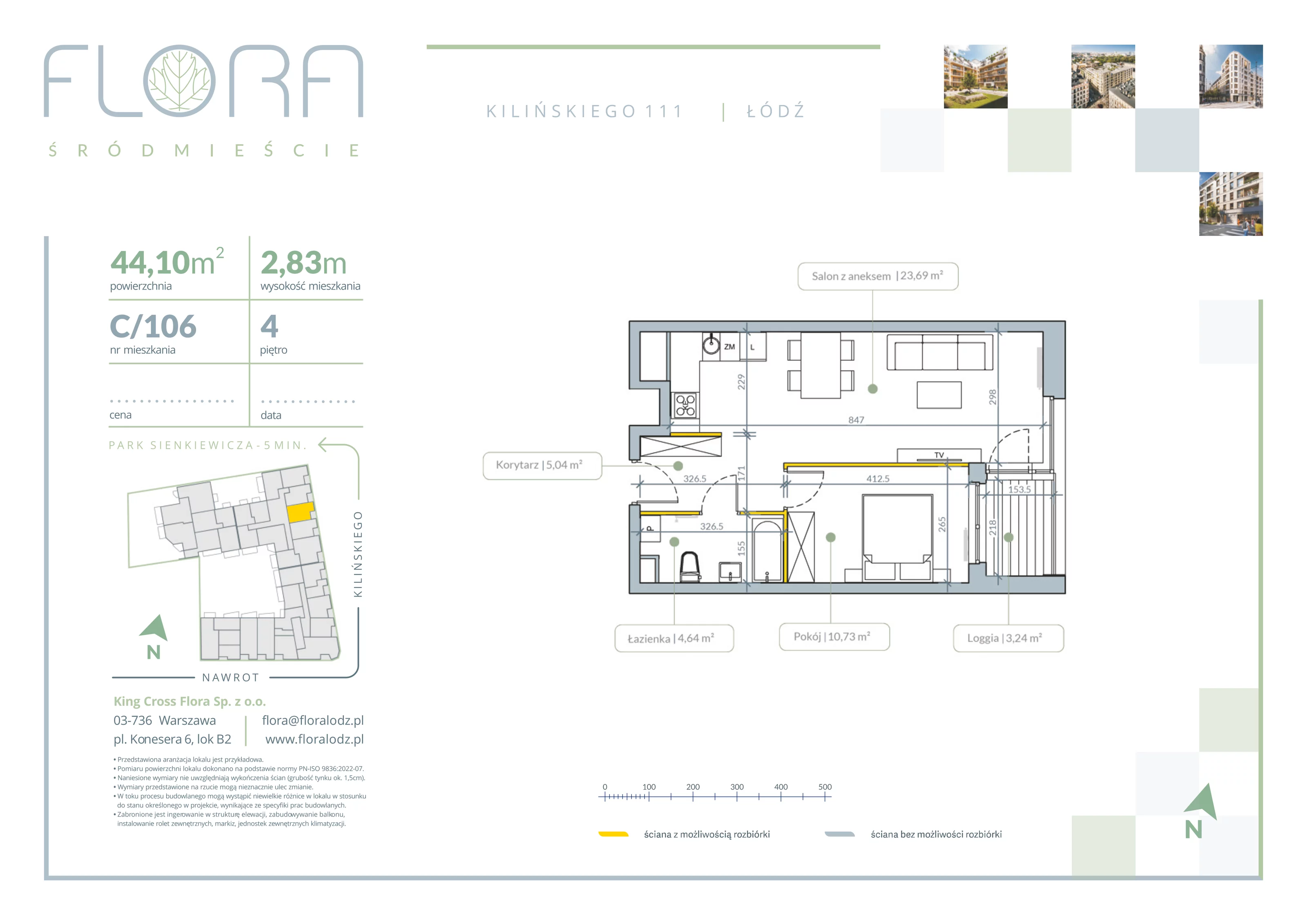 2 pokoje, apartament 44,10 m², piętro 4, oferta nr 106, Flora Śródmieście, Łódź, Śródmieście, ul. płk. Jana Kilińskiego 111