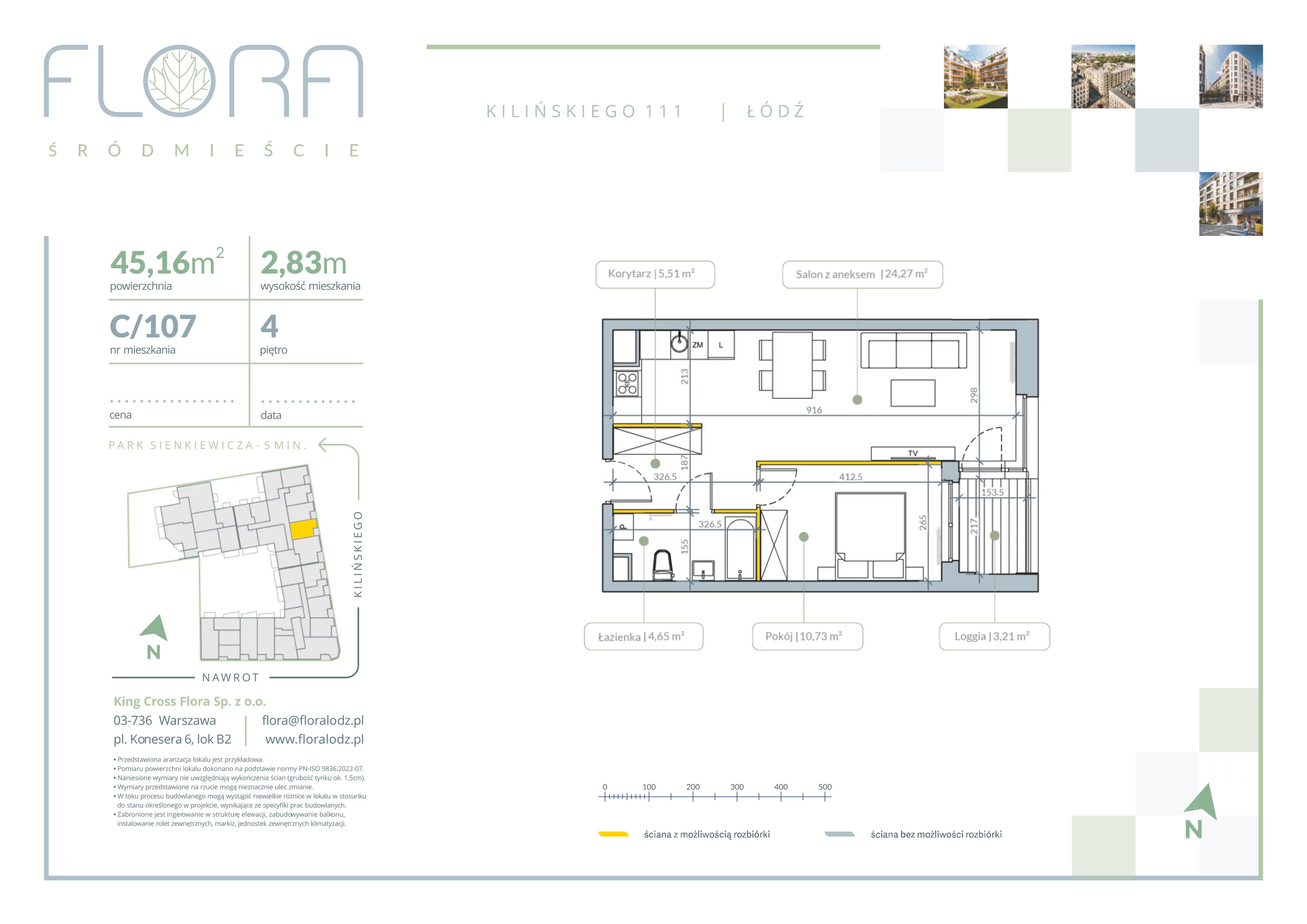 2 pokoje, apartament 45,16 m², piętro 4, oferta nr 107, Flora Śródmieście, Łódź, Śródmieście, ul. płk. Jana Kilińskiego 111
