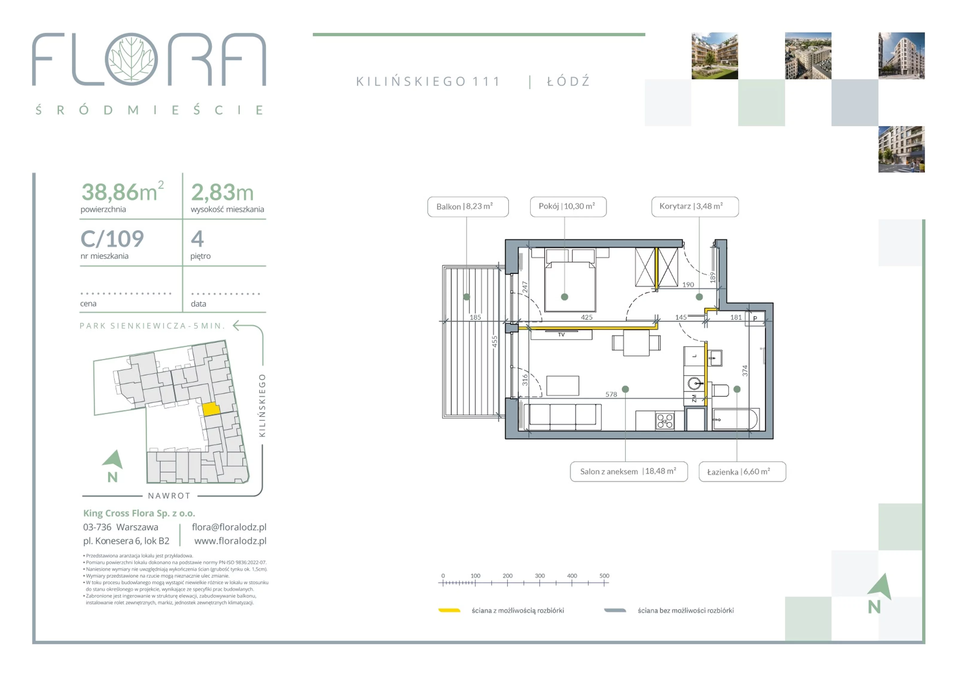 2 pokoje, apartament 38,86 m², piętro 4, oferta nr 109, Flora Śródmieście, Łódź, Śródmieście, ul. płk. Jana Kilińskiego 111