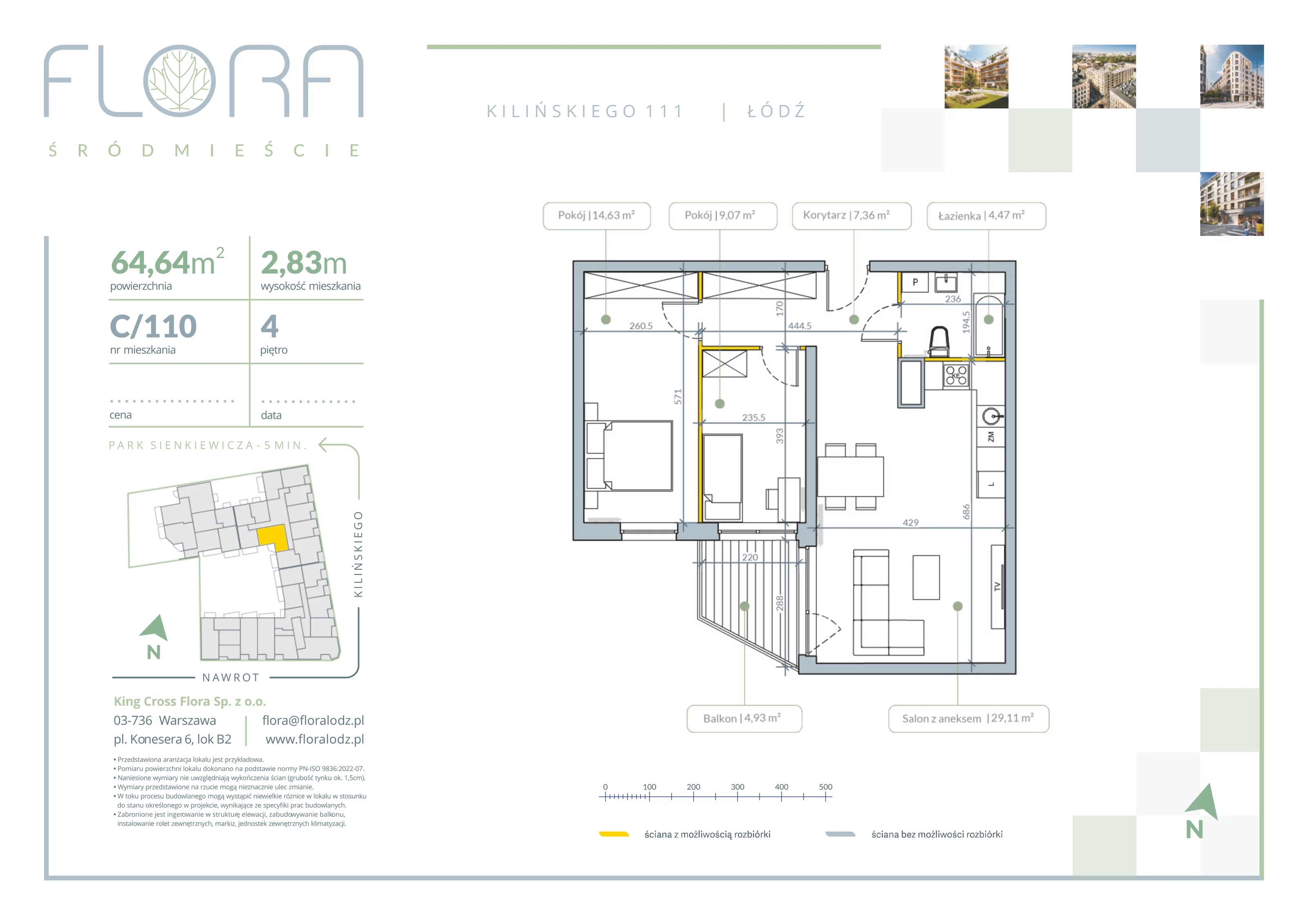 3 pokoje, apartament 64,64 m², piętro 4, oferta nr 110, Flora Śródmieście, Łódź, Śródmieście, ul. płk. Jana Kilińskiego 111
