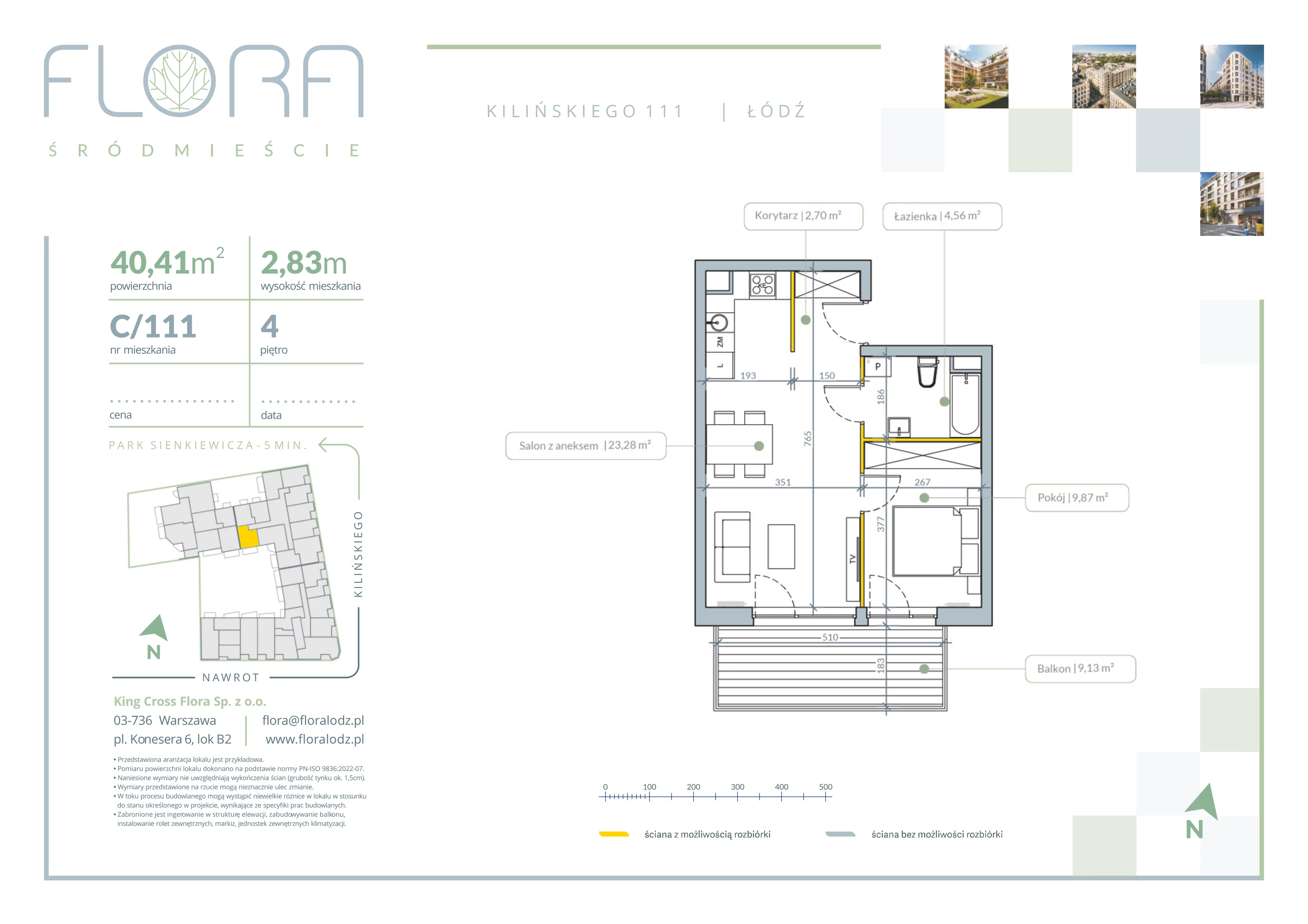 2 pokoje, apartament 40,41 m², piętro 4, oferta nr 111, Flora Śródmieście, Łódź, Śródmieście, ul. płk. Jana Kilińskiego 111