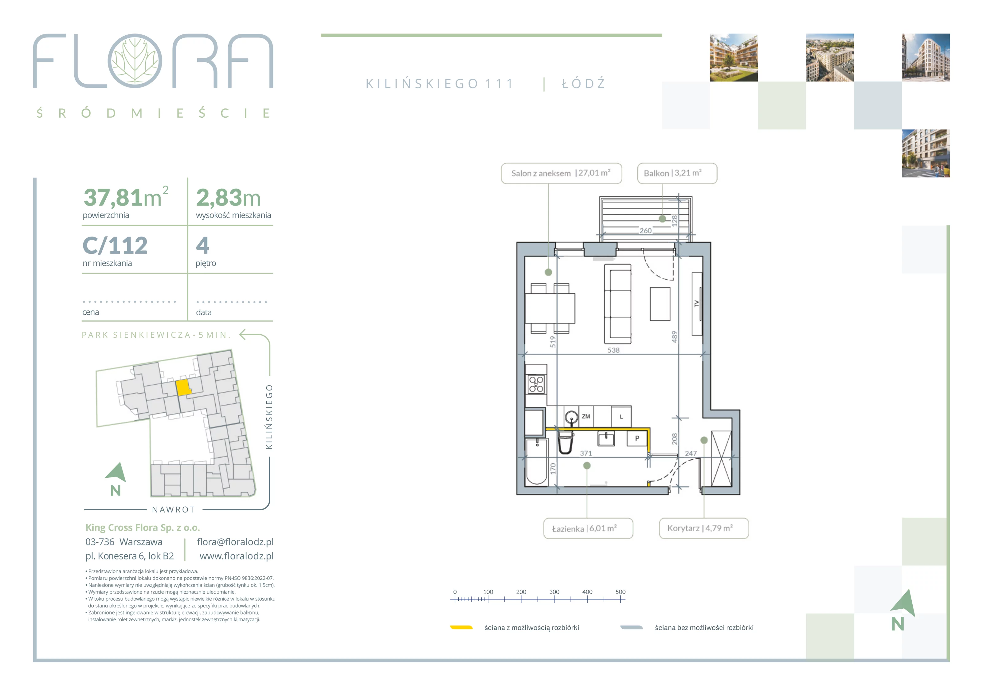 1 pokój, apartament 37,81 m², piętro 4, oferta nr 112, Flora Śródmieście, Łódź, Śródmieście, ul. płk. Jana Kilińskiego 111