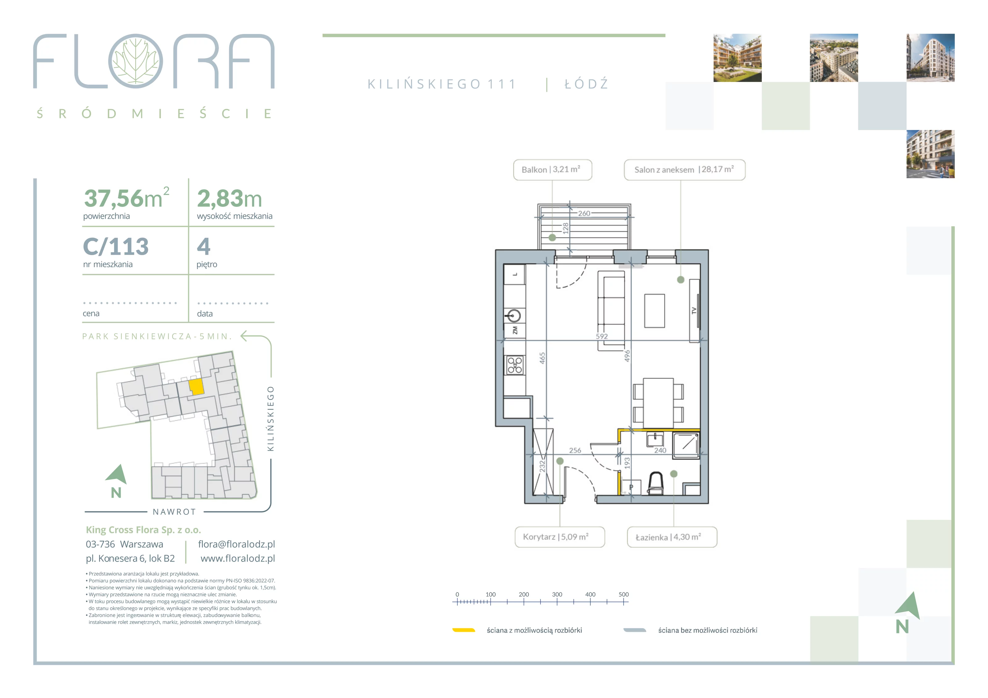 1 pokój, apartament 37,56 m², piętro 4, oferta nr 113, Flora Śródmieście, Łódź, Śródmieście, ul. płk. Jana Kilińskiego 111