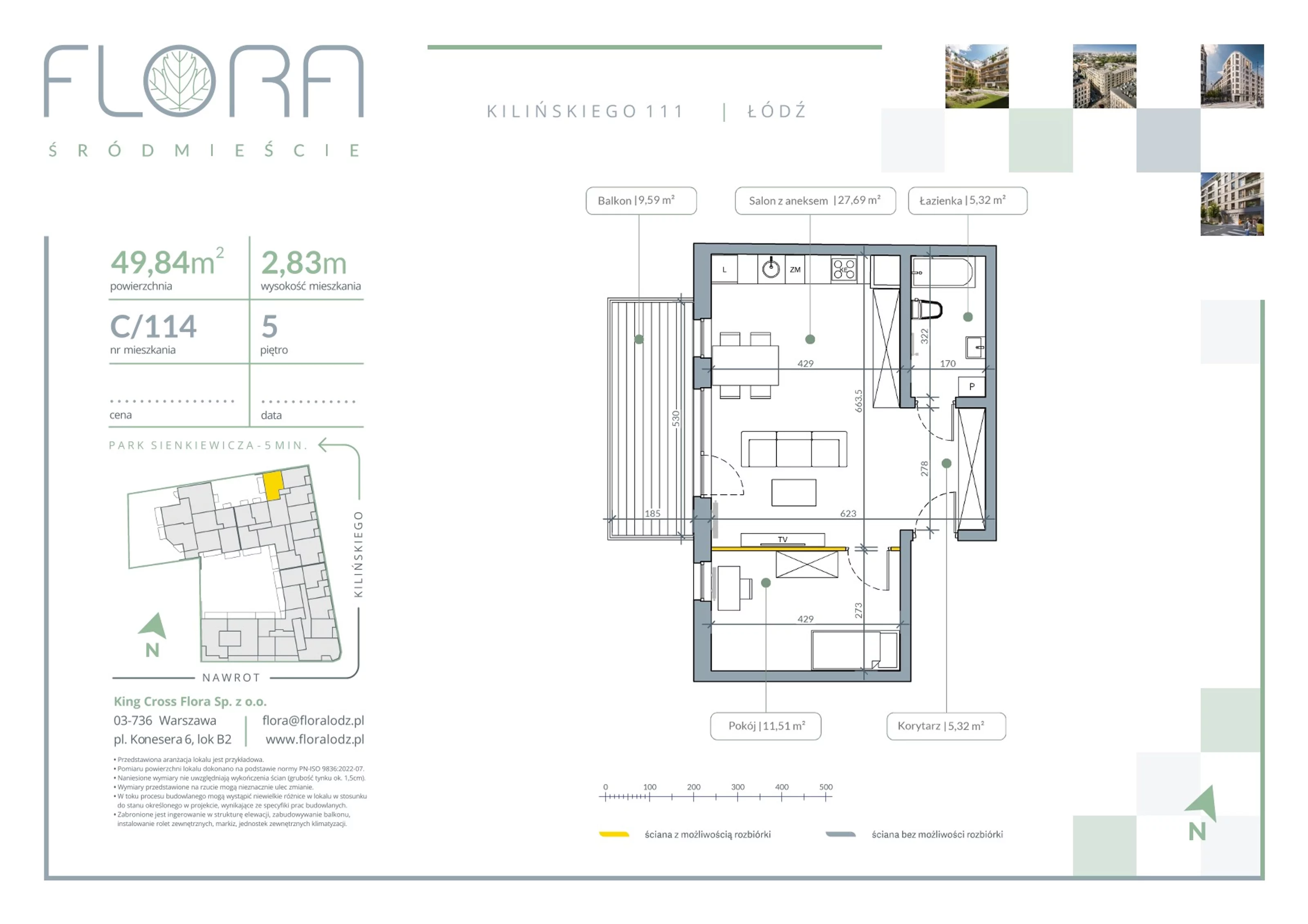 2 pokoje, apartament 49,84 m², piętro 5, oferta nr 114, Flora Śródmieście, Łódź, Śródmieście, ul. płk. Jana Kilińskiego 111