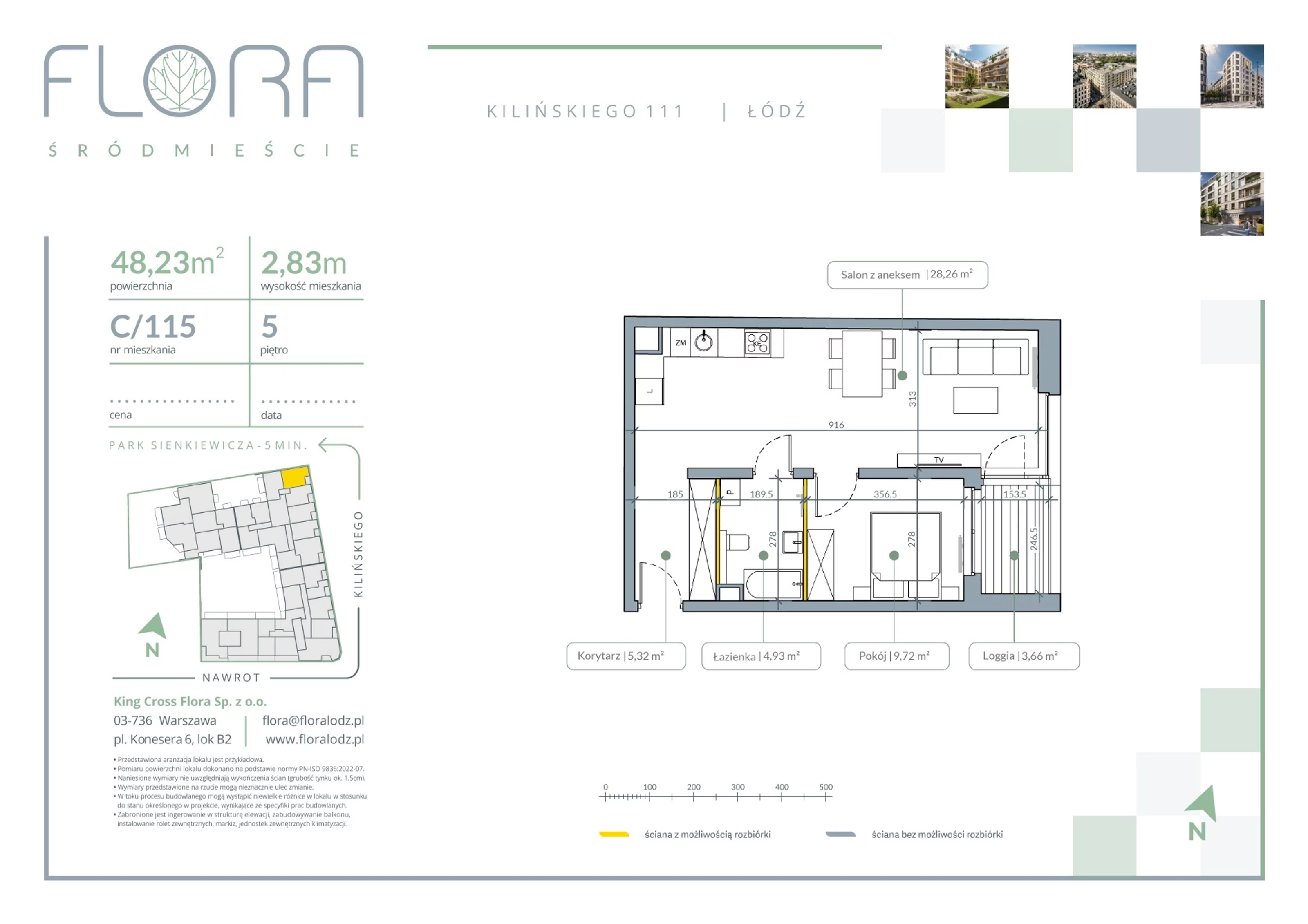 2 pokoje, apartament 48,23 m², piętro 5, oferta nr 115, Flora Śródmieście, Łódź, Śródmieście, ul. płk. Jana Kilińskiego 111