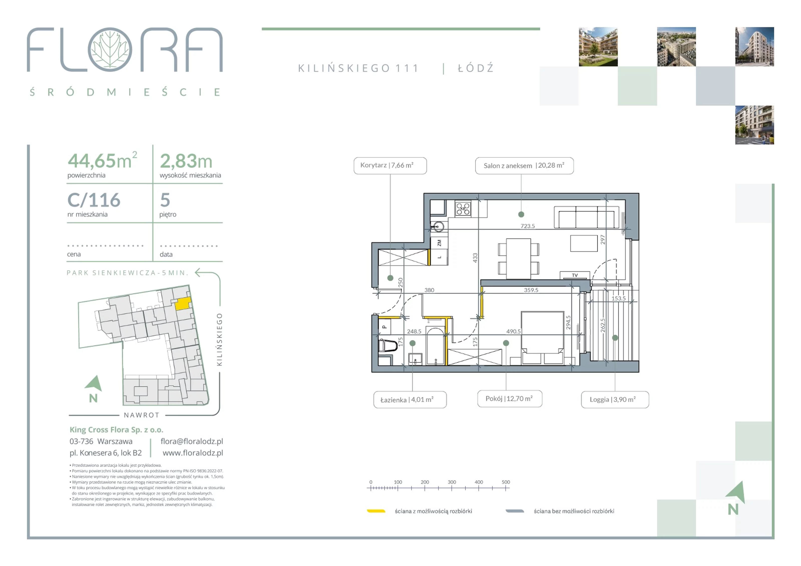 2 pokoje, apartament 44,65 m², piętro 5, oferta nr 116, Flora Śródmieście, Łódź, Śródmieście, ul. płk. Jana Kilińskiego 111