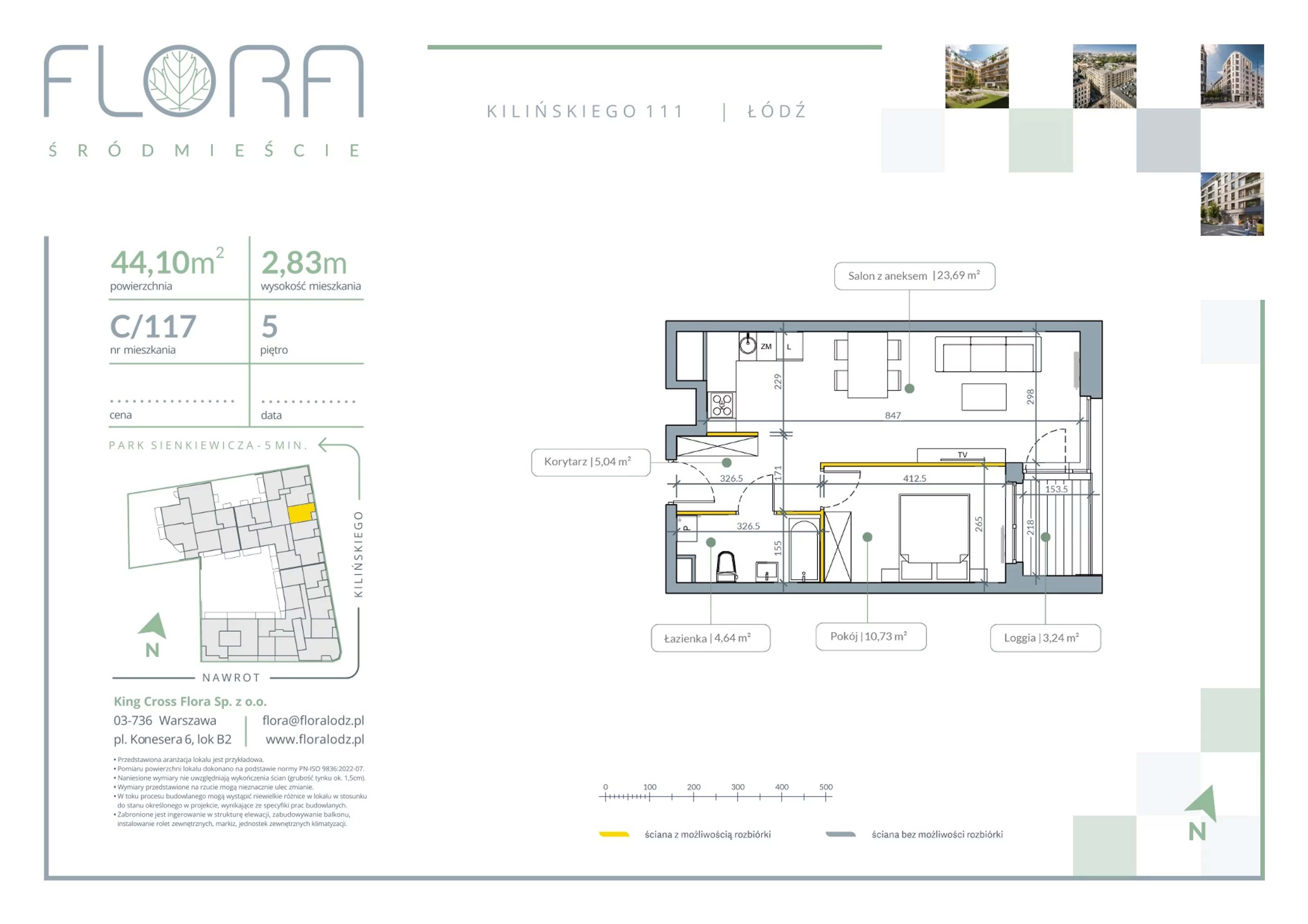 2 pokoje, apartament 44,10 m², piętro 5, oferta nr 117, Flora Śródmieście, Łódź, Śródmieście, ul. płk. Jana Kilińskiego 111