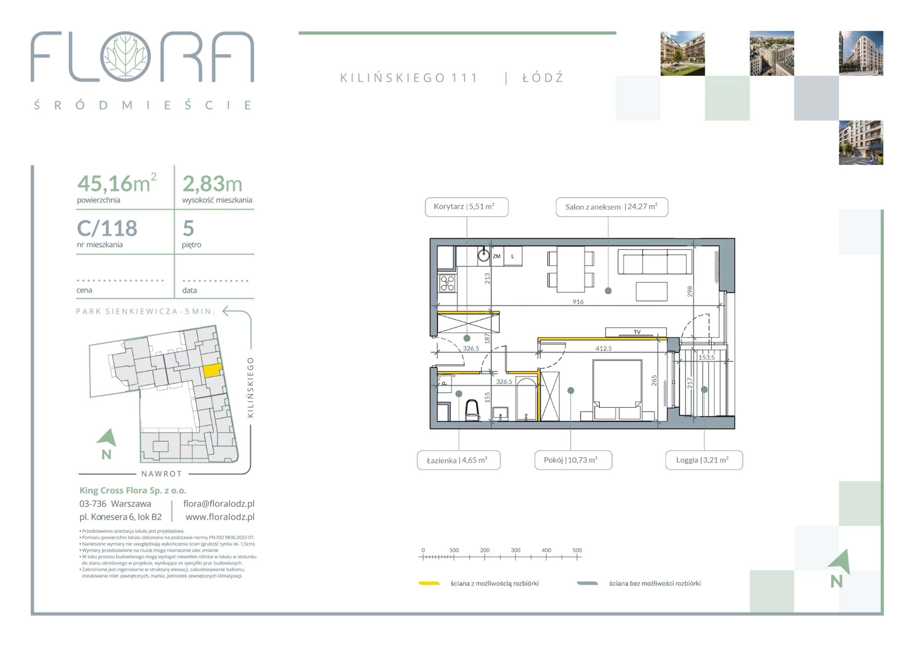 2 pokoje, apartament 45,16 m², piętro 5, oferta nr 118, Flora Śródmieście, Łódź, Śródmieście, ul. płk. Jana Kilińskiego 111