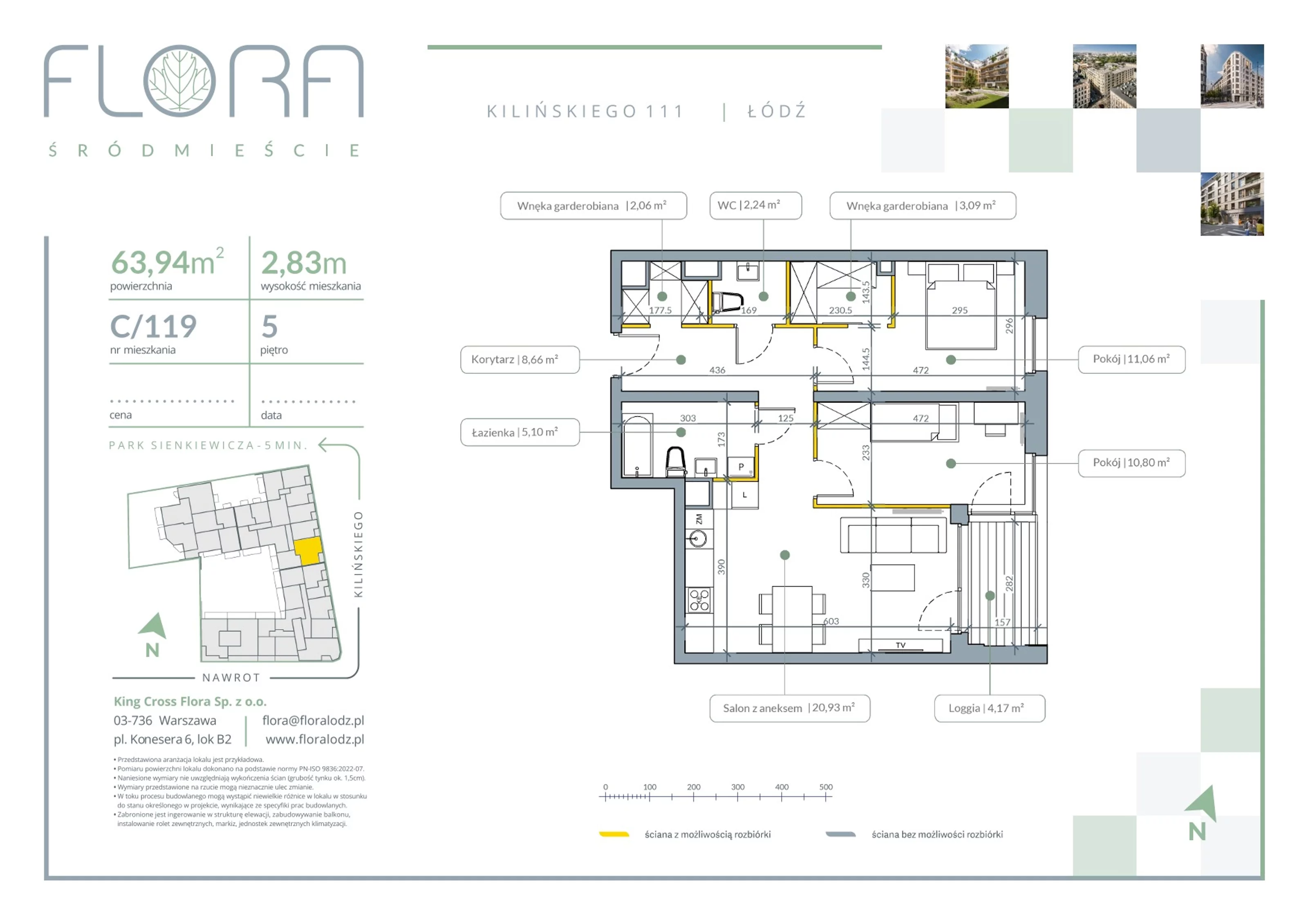 3 pokoje, apartament 63,94 m², piętro 5, oferta nr 119, Flora Śródmieście, Łódź, Śródmieście, ul. płk. Jana Kilińskiego 111