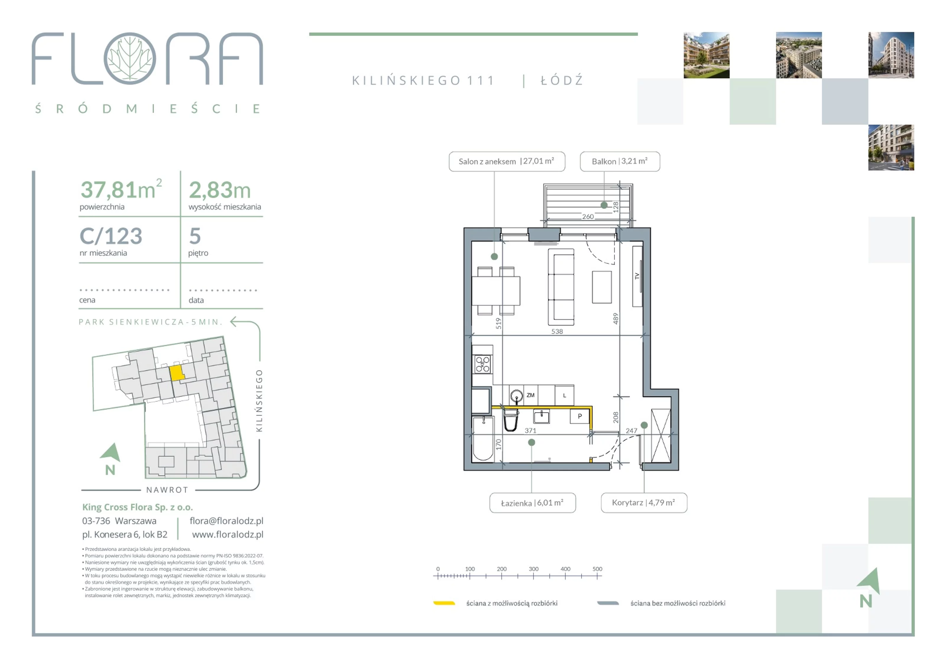 1 pokój, apartament 37,81 m², piętro 5, oferta nr 123, Flora Śródmieście, Łódź, Śródmieście, ul. płk. Jana Kilińskiego 111