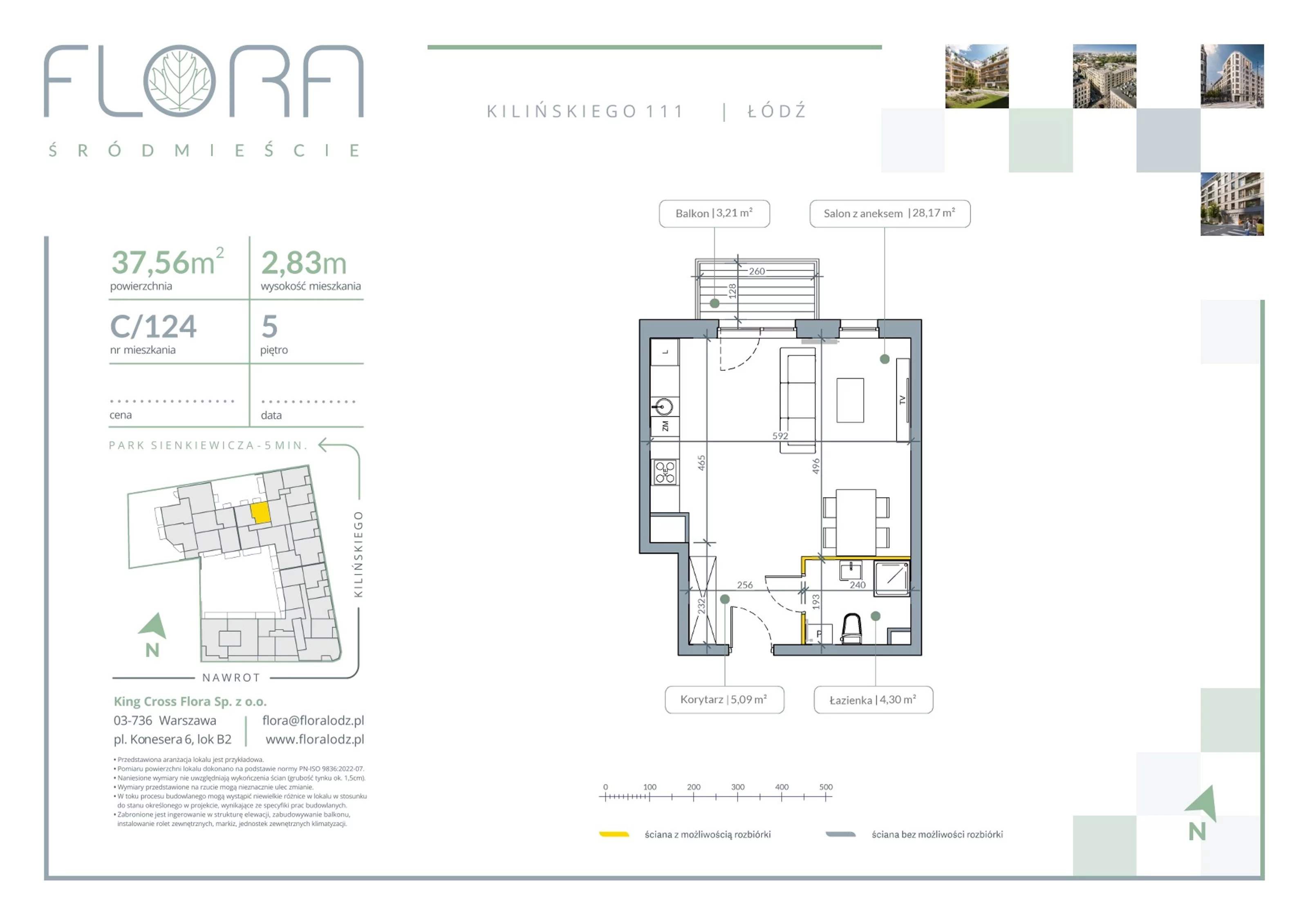 1 pokój, apartament 37,56 m², piętro 5, oferta nr 124, Flora Śródmieście, Łódź, Śródmieście, ul. płk. Jana Kilińskiego 111